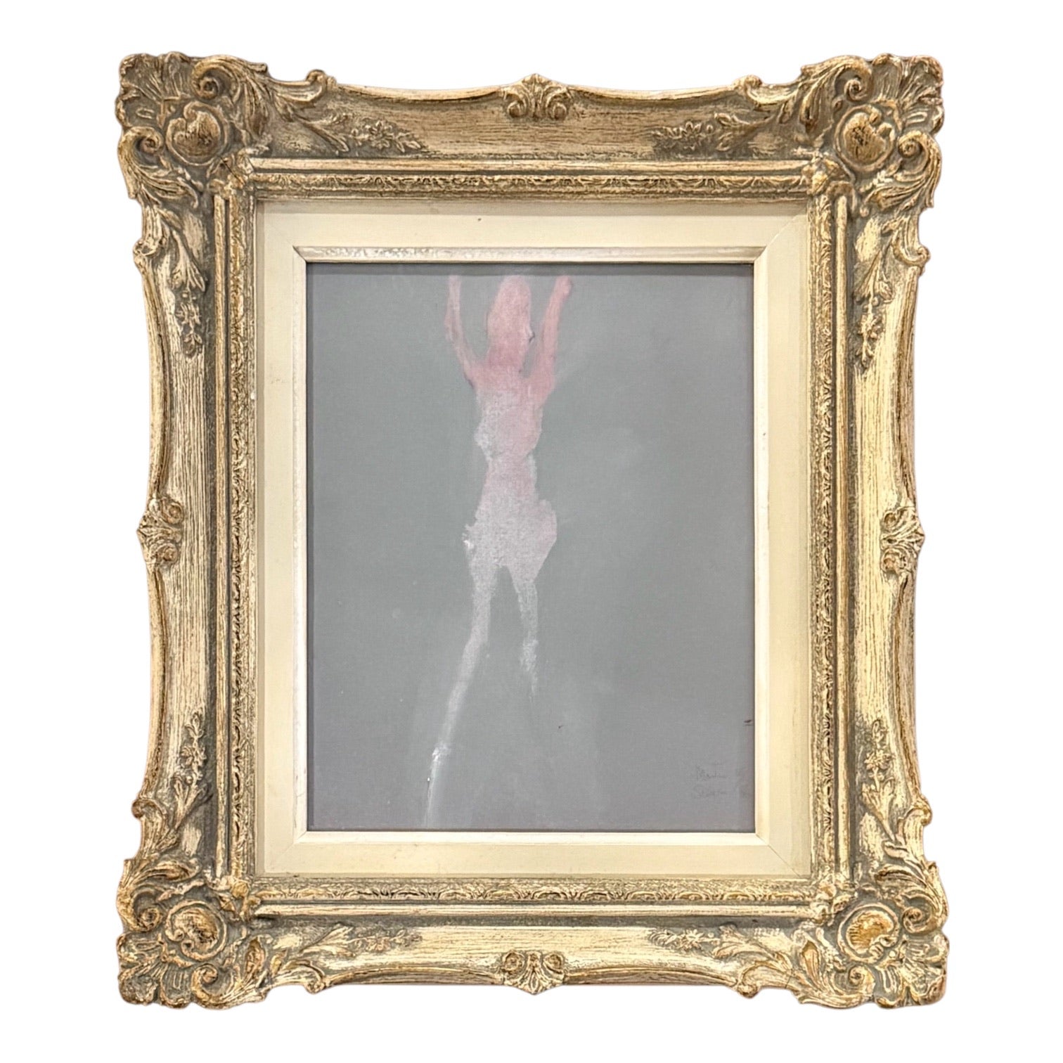 Soft Pink Gouache Painting AgaInst Gray Ground in Antique French Frame