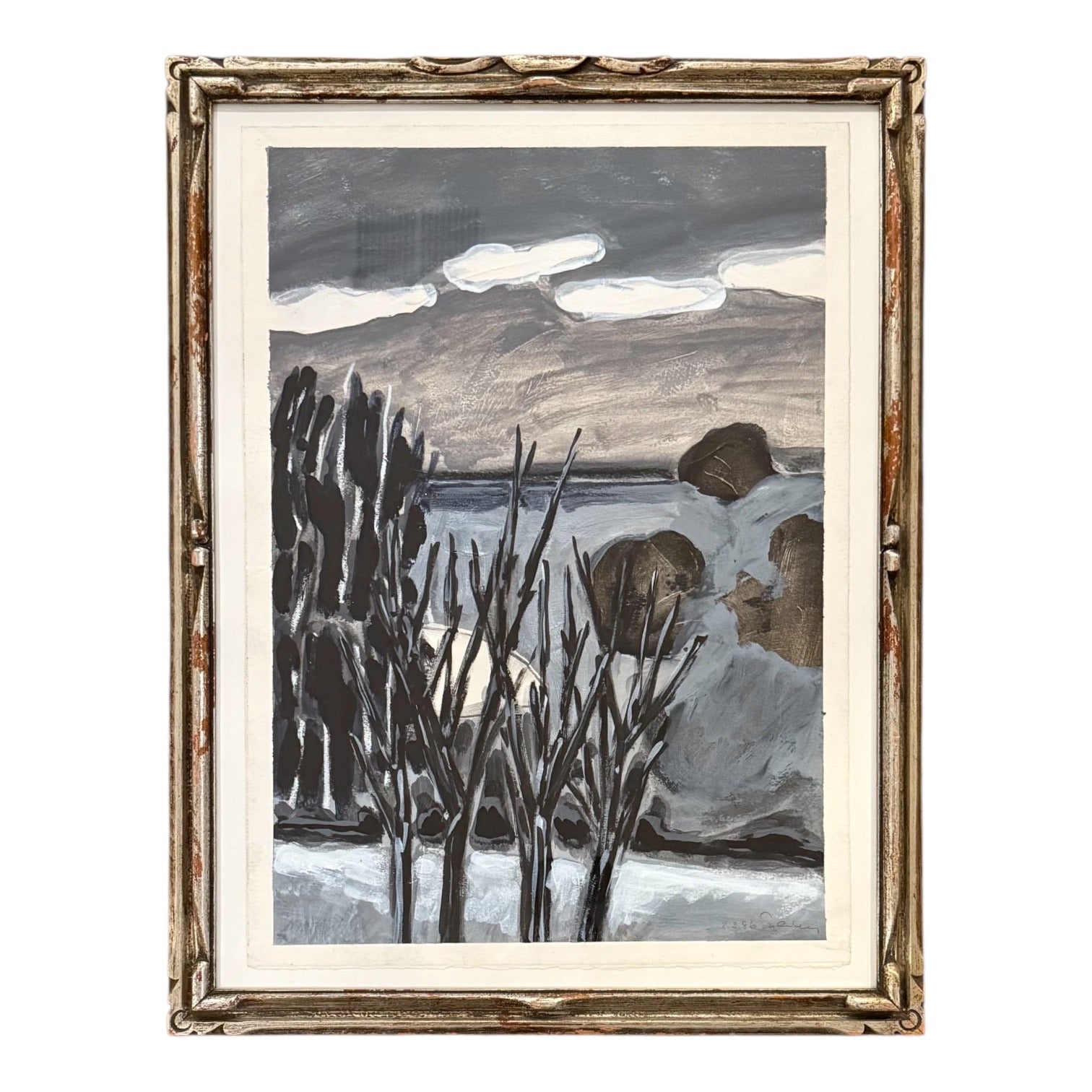 Landscape Painting in Grays in Antique Hand-Carved Silver Leaf Frame