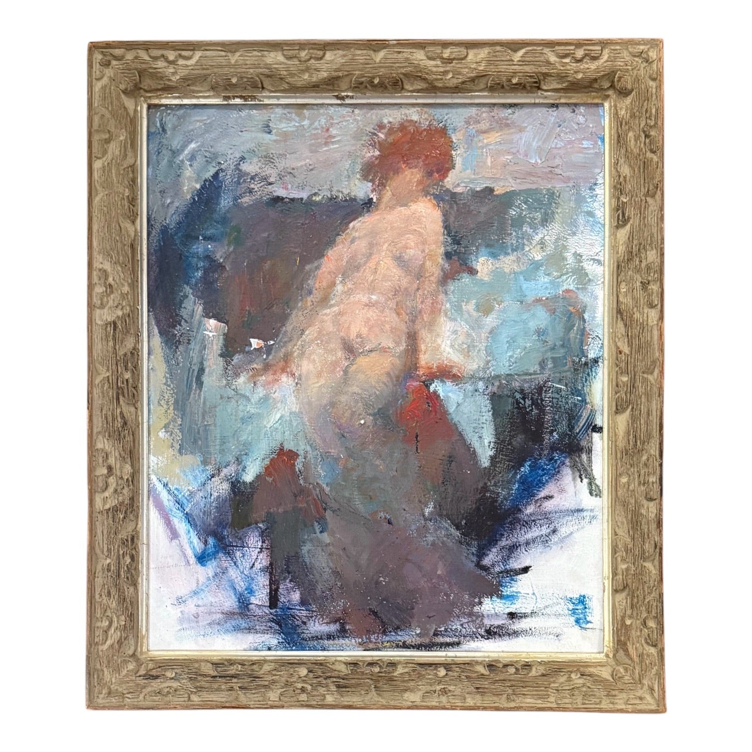 Lush Vintage Figurative Painting with Gestural Brushwork in Antique Hand-Carved Frame