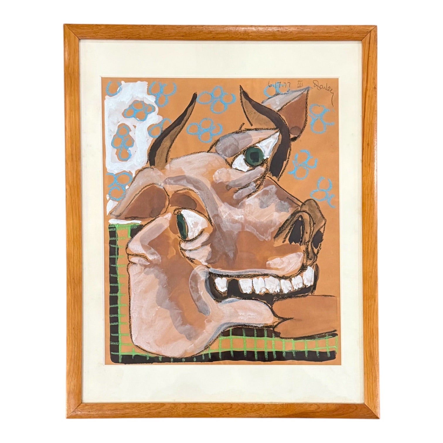 Fantastical Beast Painting in the Manner of Picasso in Original Wood Frame