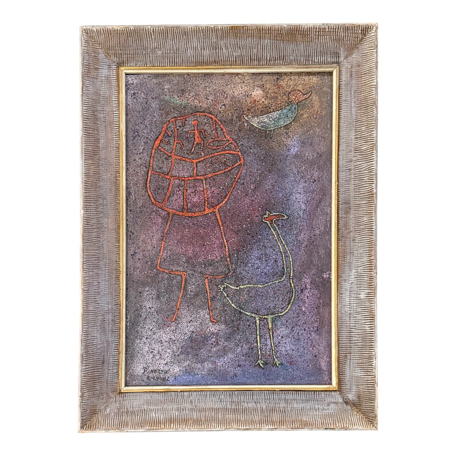 Minimalist Abstract of Figure with Animals in Vintage Combed Gesso Frame