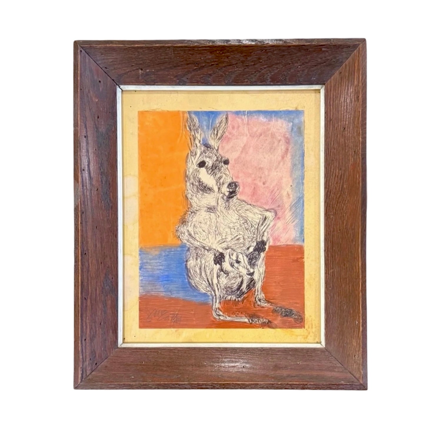 Outsider Art Mixed Media Painting of Kangaroo Mother and Baby in Heavy Vintage Wood Frame