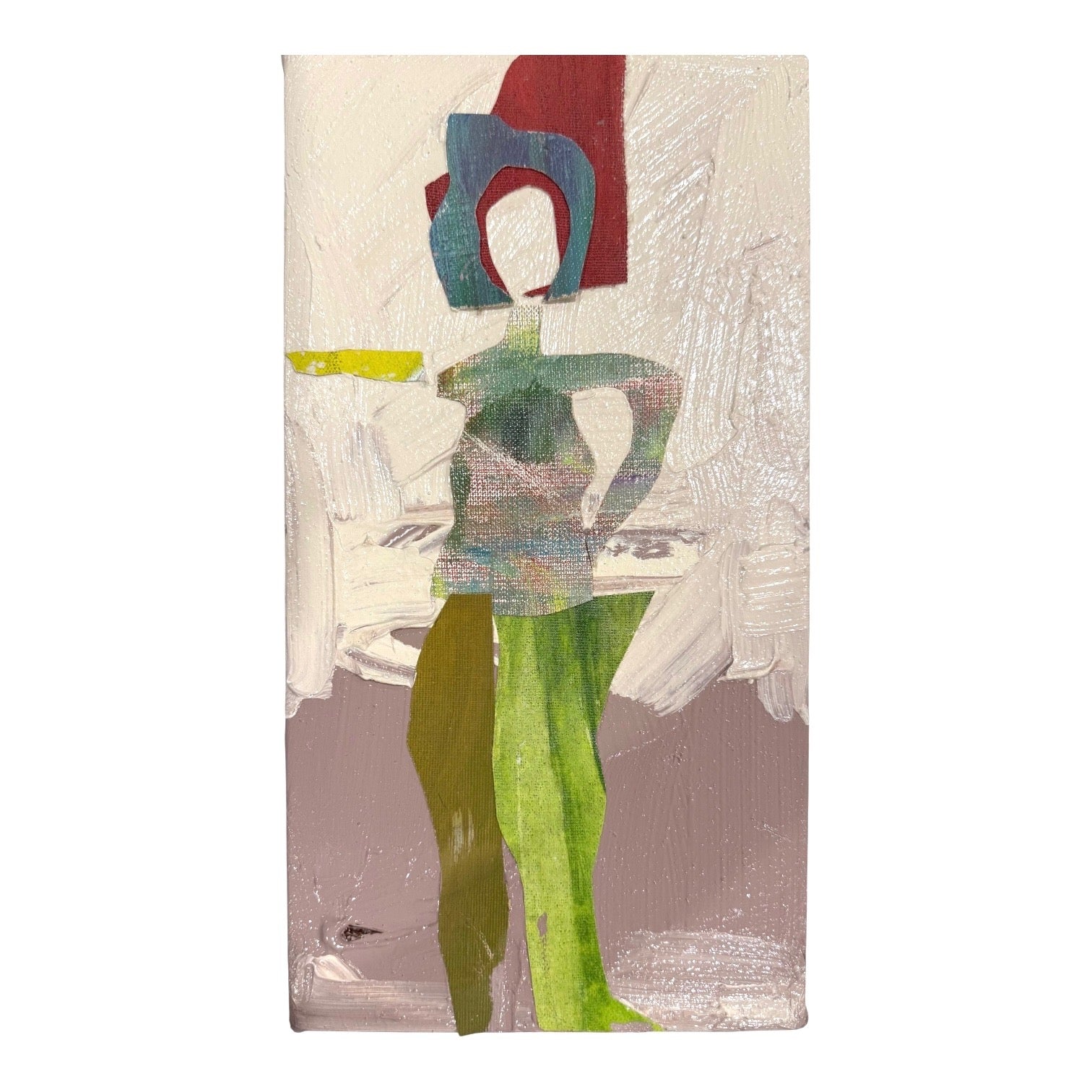 Mixed Media Figurative Abstraction in Green Pants on Cradled Panel