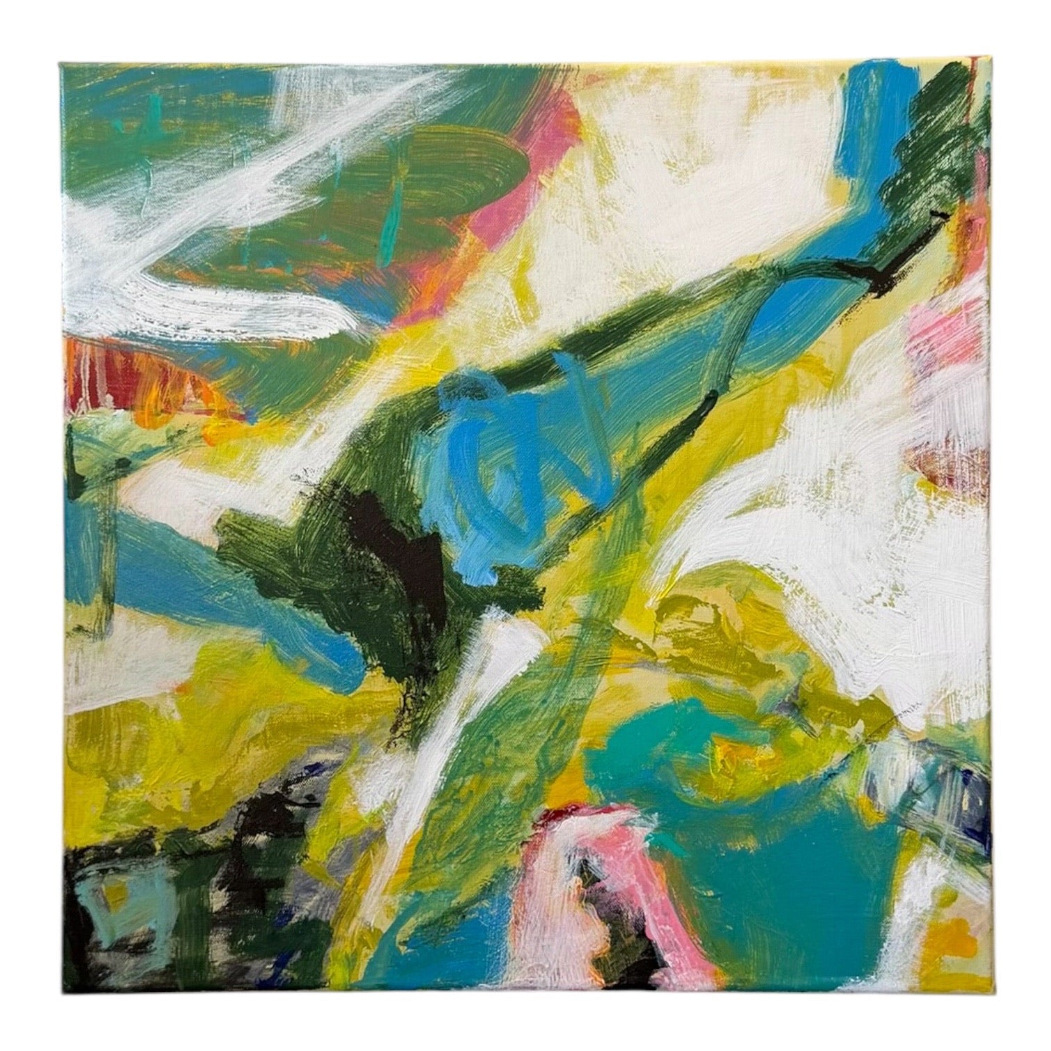 Vintage Abstract Expressionist Painting in Peacock Blue and Citrine