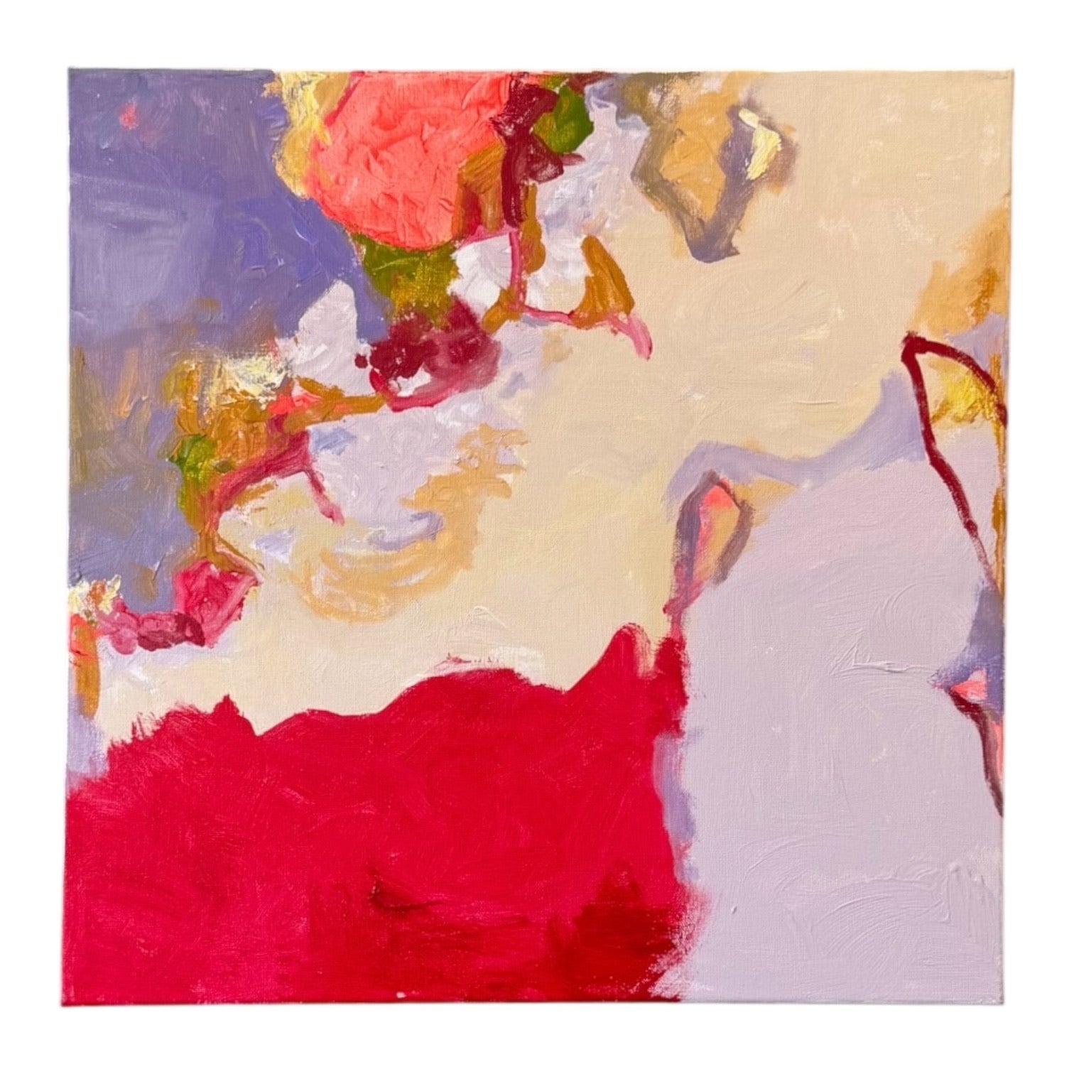 Abstract Expressionist Painting on Canvas in Red, Warm Ivory and Lavender
