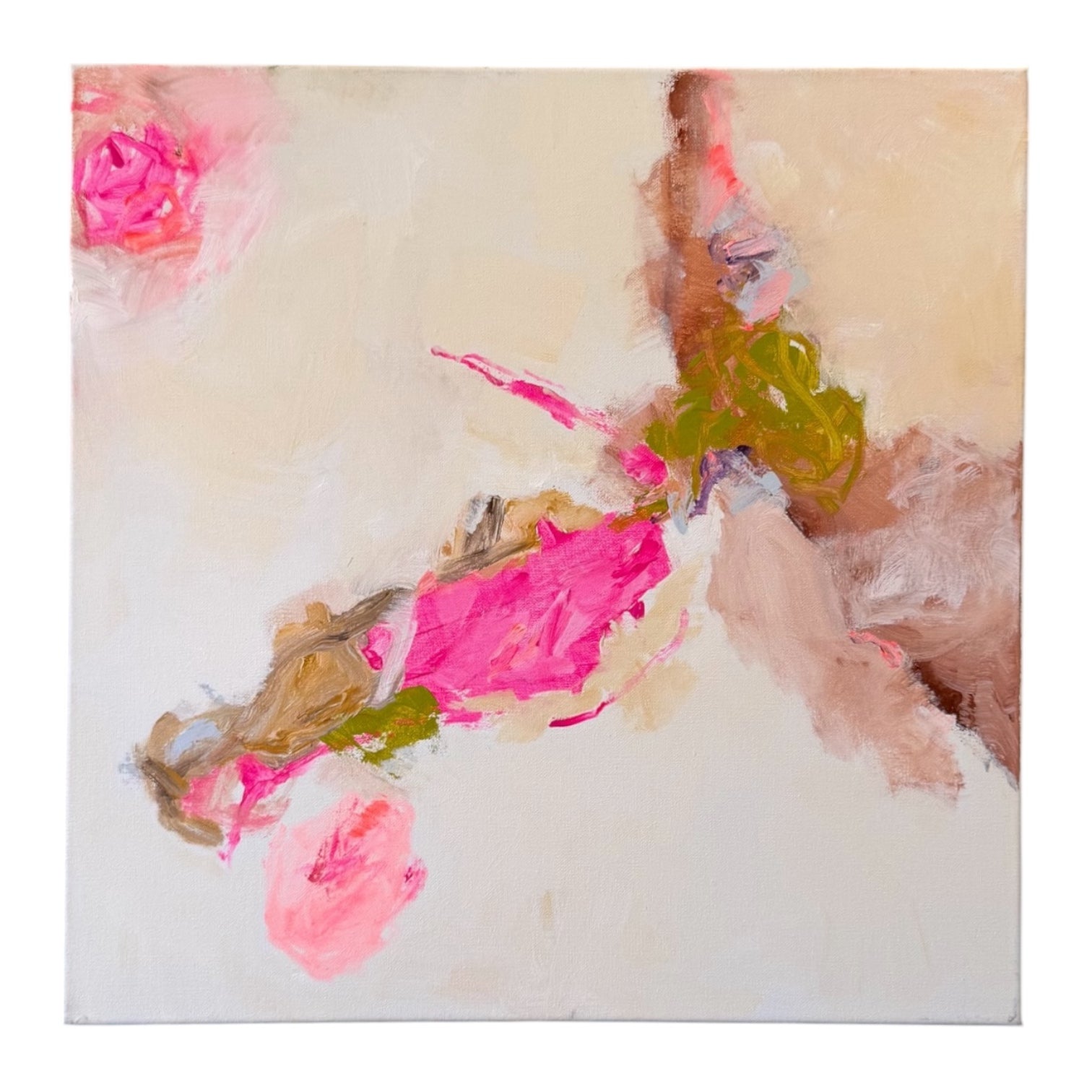 Abstract Expressionist Oil on Canvas in Whites, Olive and High Chroma Pink