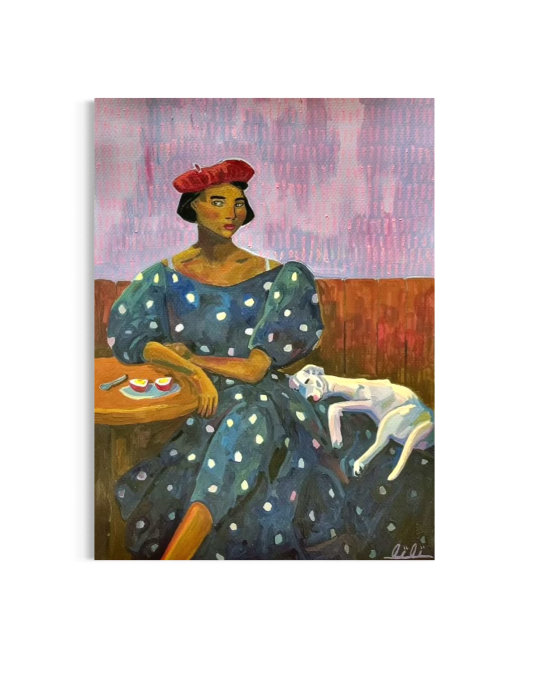 Woman in Polka Dot Dress With Dog