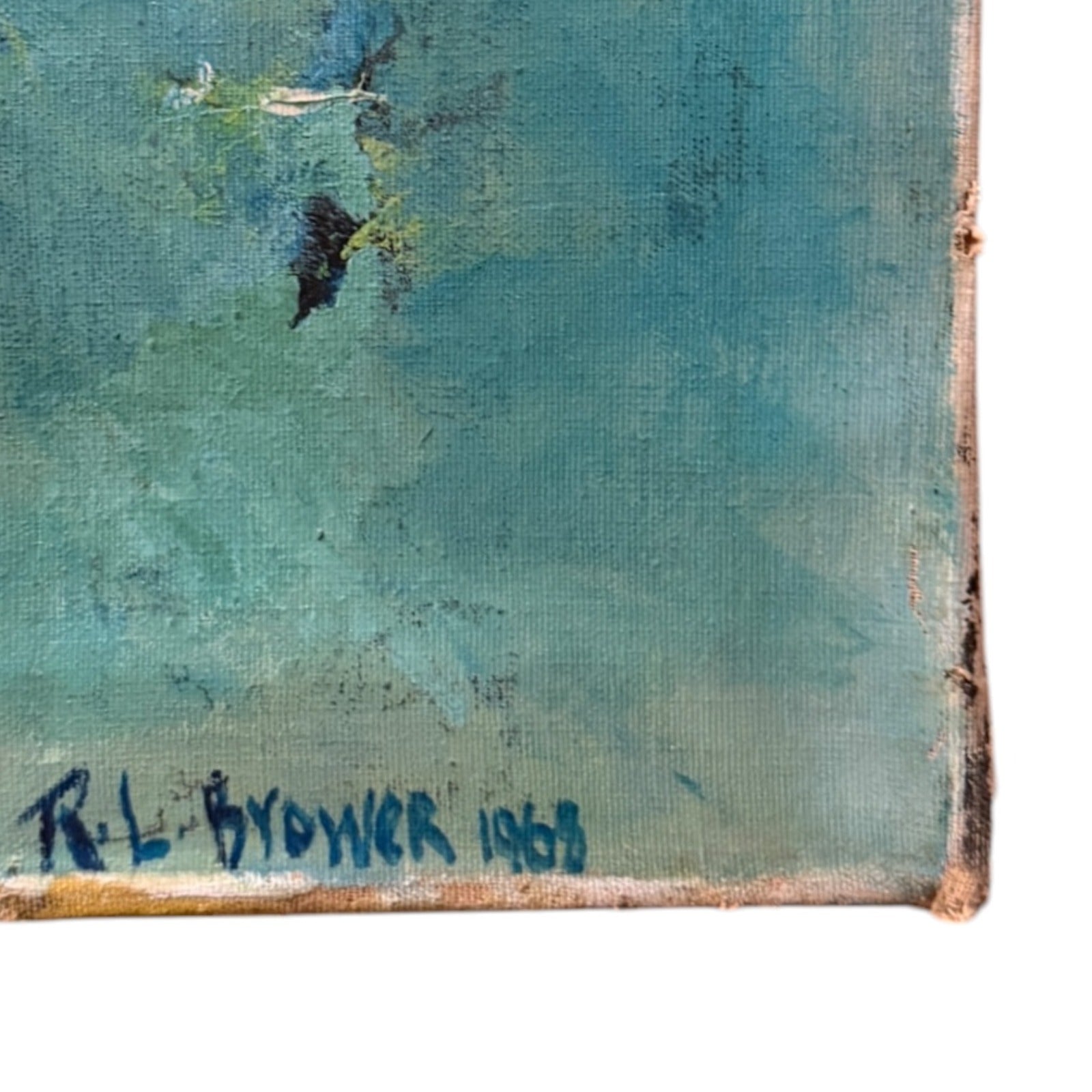 Large Abstract Expressionist Oil on Canvas in Aqua and Ochre