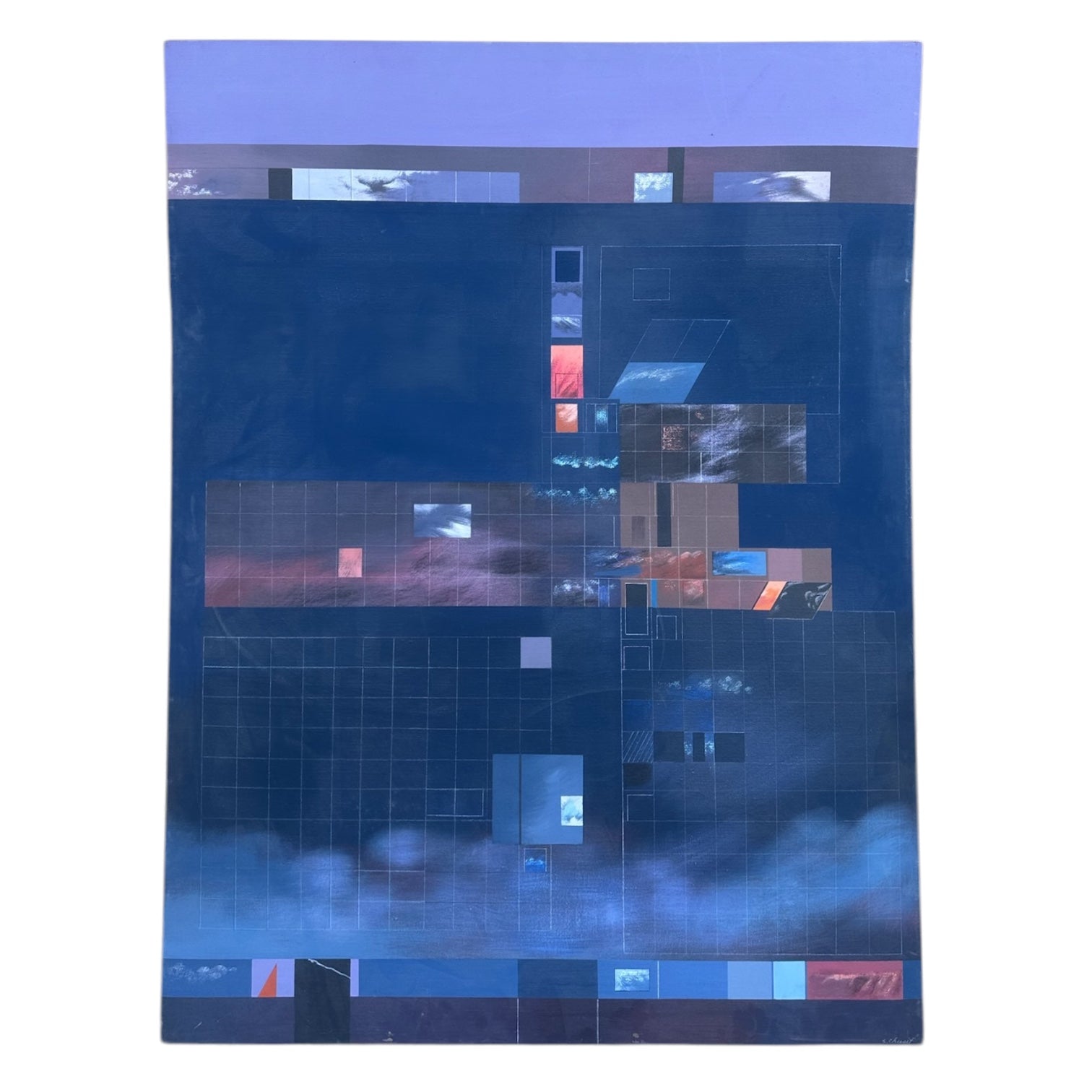 Monumental Constructivist Oil Painting in Indigo Black and Lavender