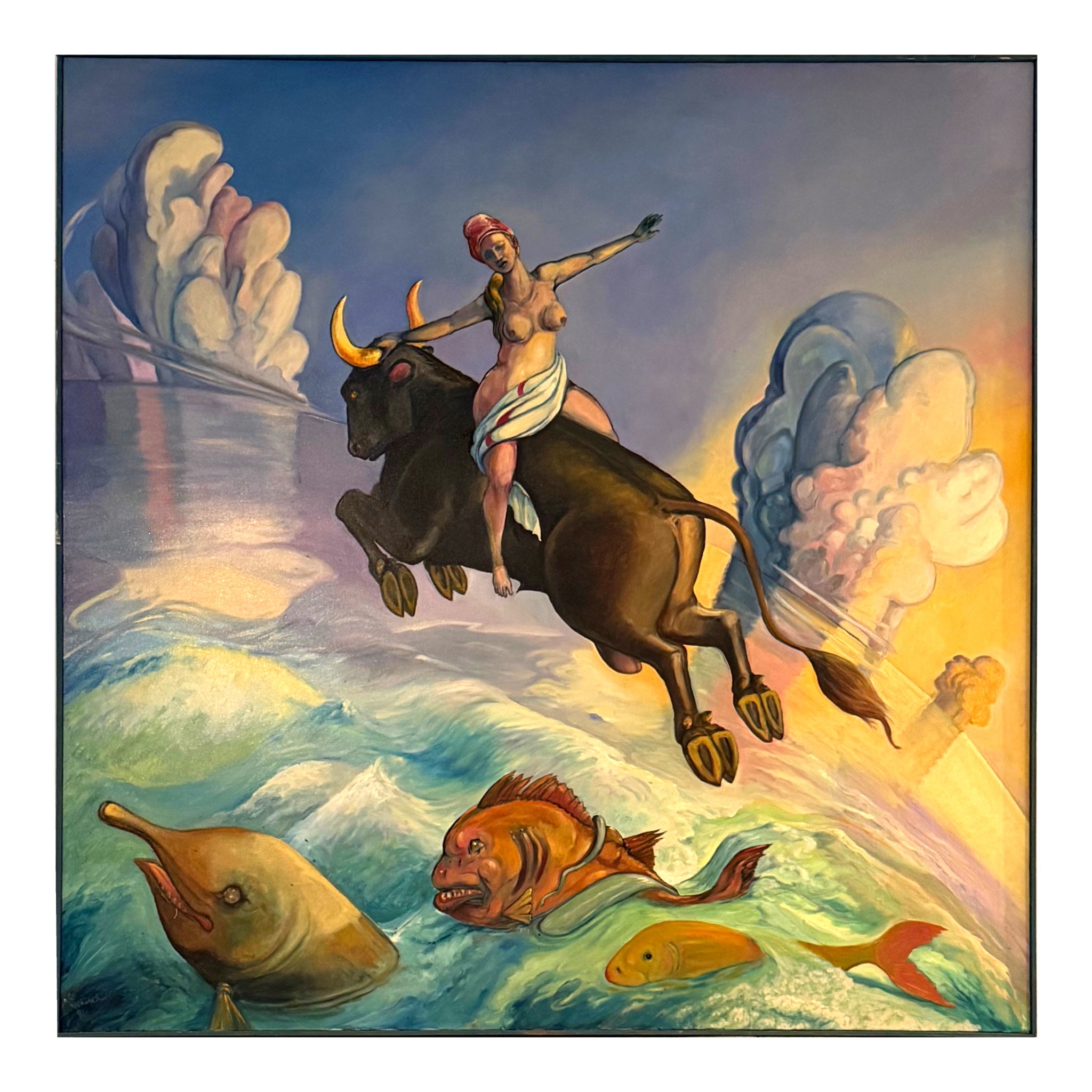 Incredible and Fantastical Oil on Canvas of Woman Riding a Bull Over the Ocean,Marine Life Jumping Underneath