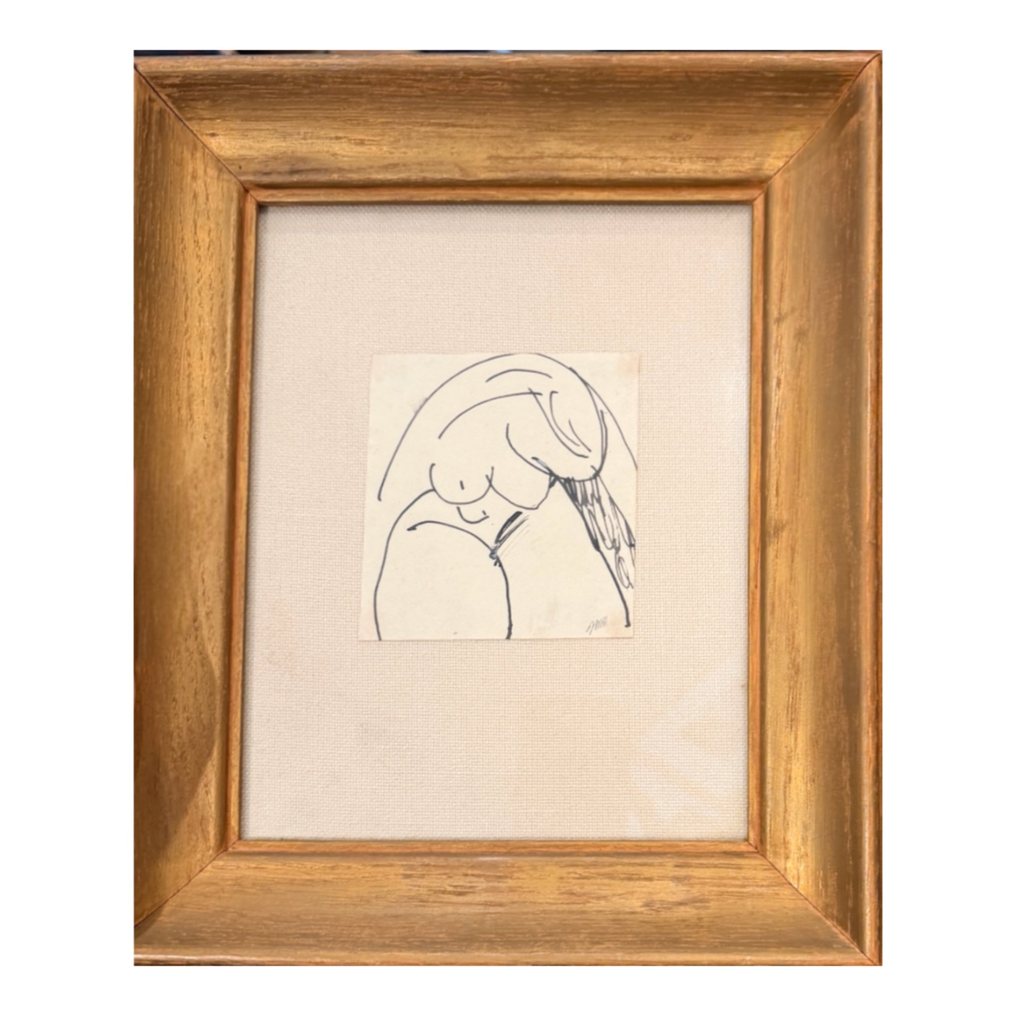 Minimalist Figurative Ink Drawing in Original Vintage Wood Frame