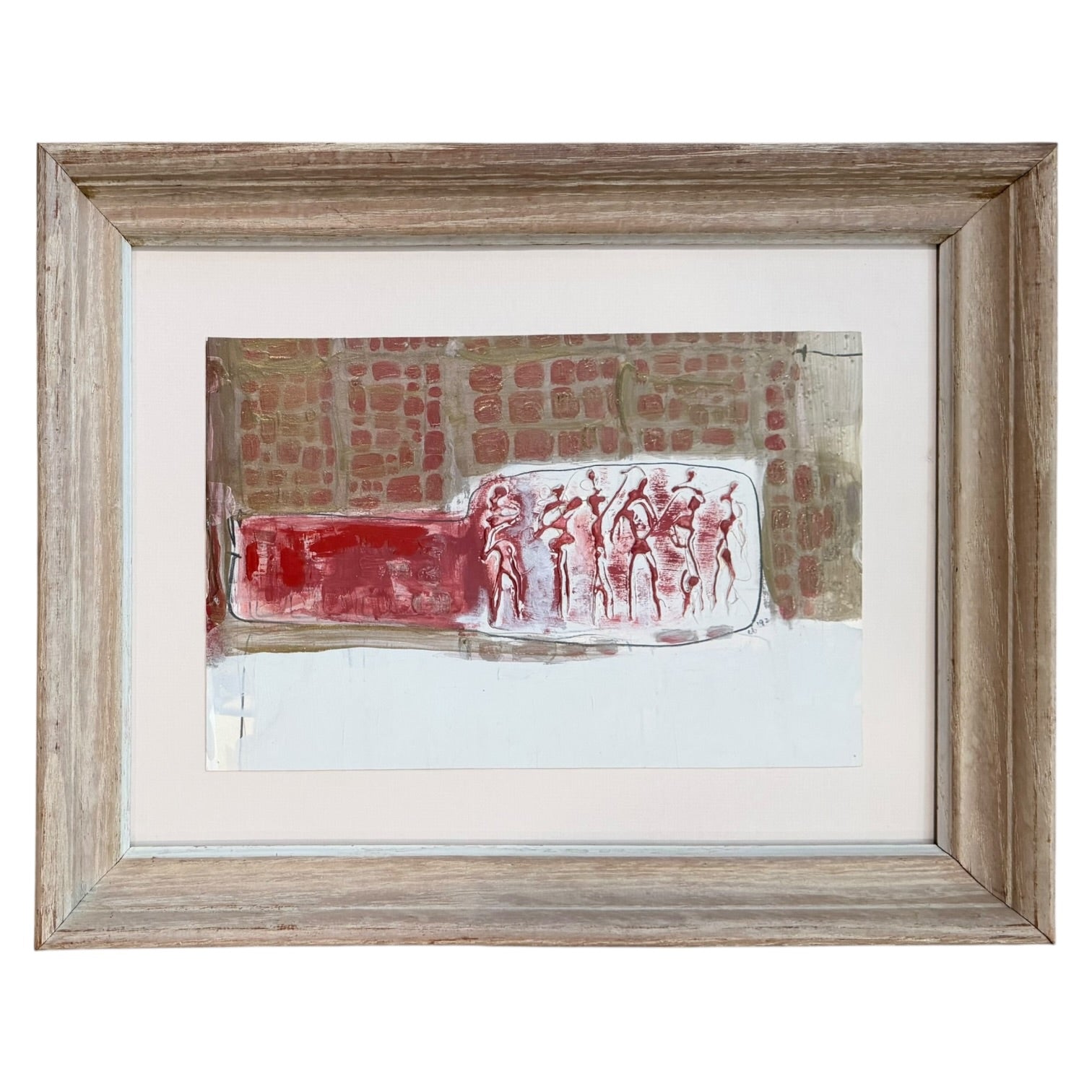 Oil and Intaglio Figurative Artwork in Vivid Red in Vintage Bleached Wood Frame