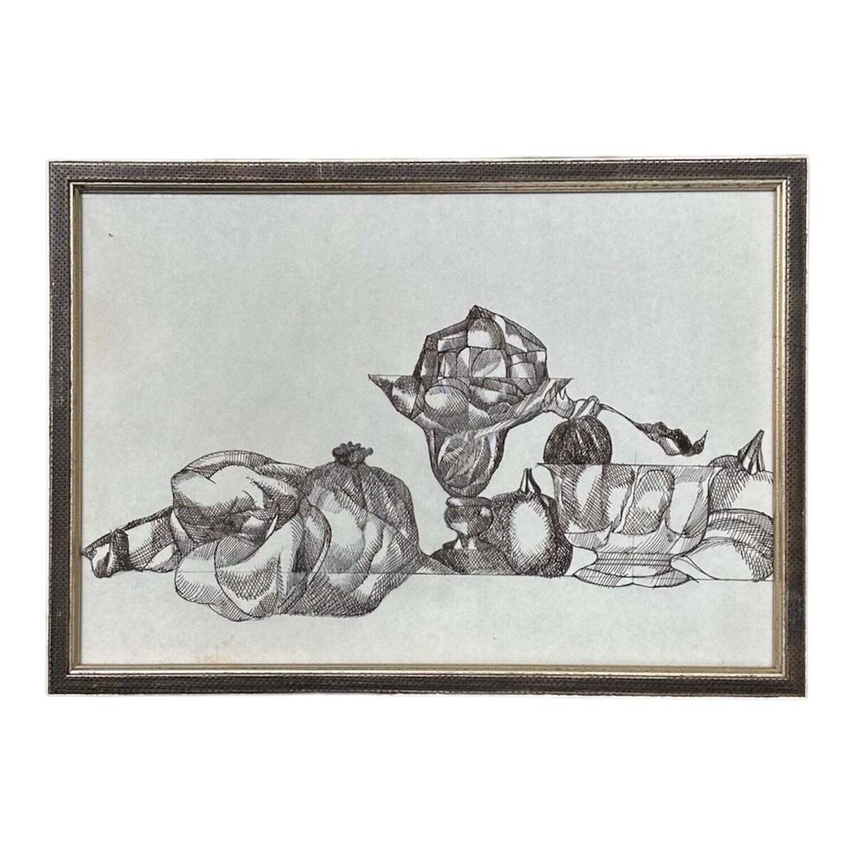 Exacting Ink Still Life with Pomegranates, Custom Framed