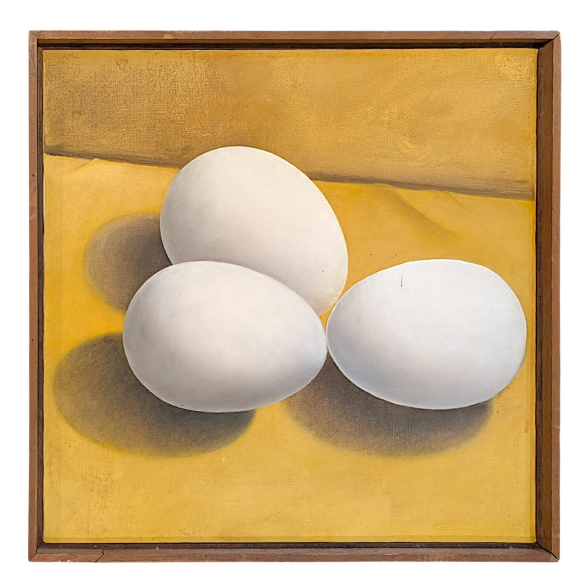 Minimalist Painting of Eggs Against Yolk Yellow Ground in Original Wood Frame