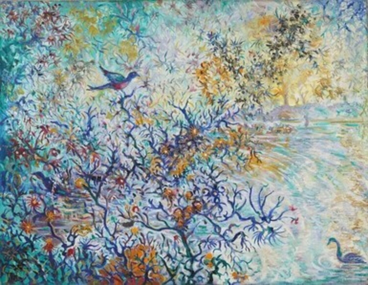 Oil Painting of Fantastical Landscape with Birds