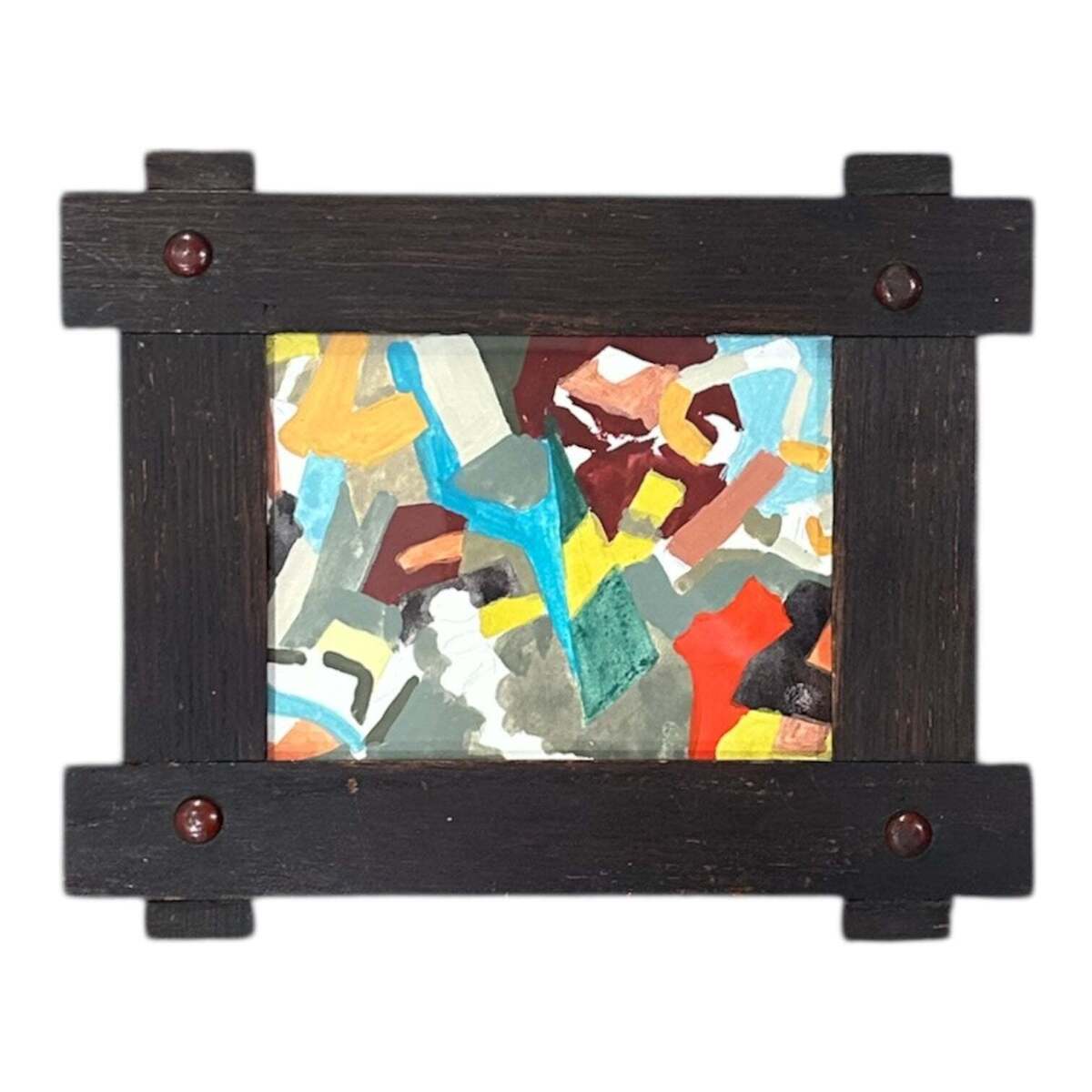 Brightly Colored and Patterned Abstract in Vintage Adirondack Wooden Frame