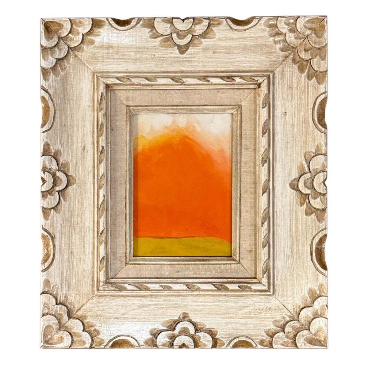 Minimalist Abstract in Brilliant Orange and Mustard in Hand-Carved Vintage Frame