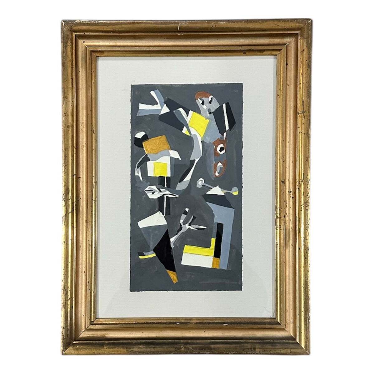 Energetic Patterned Abstract Painting in Yellows and Grays in 19th Century Gilt Frame