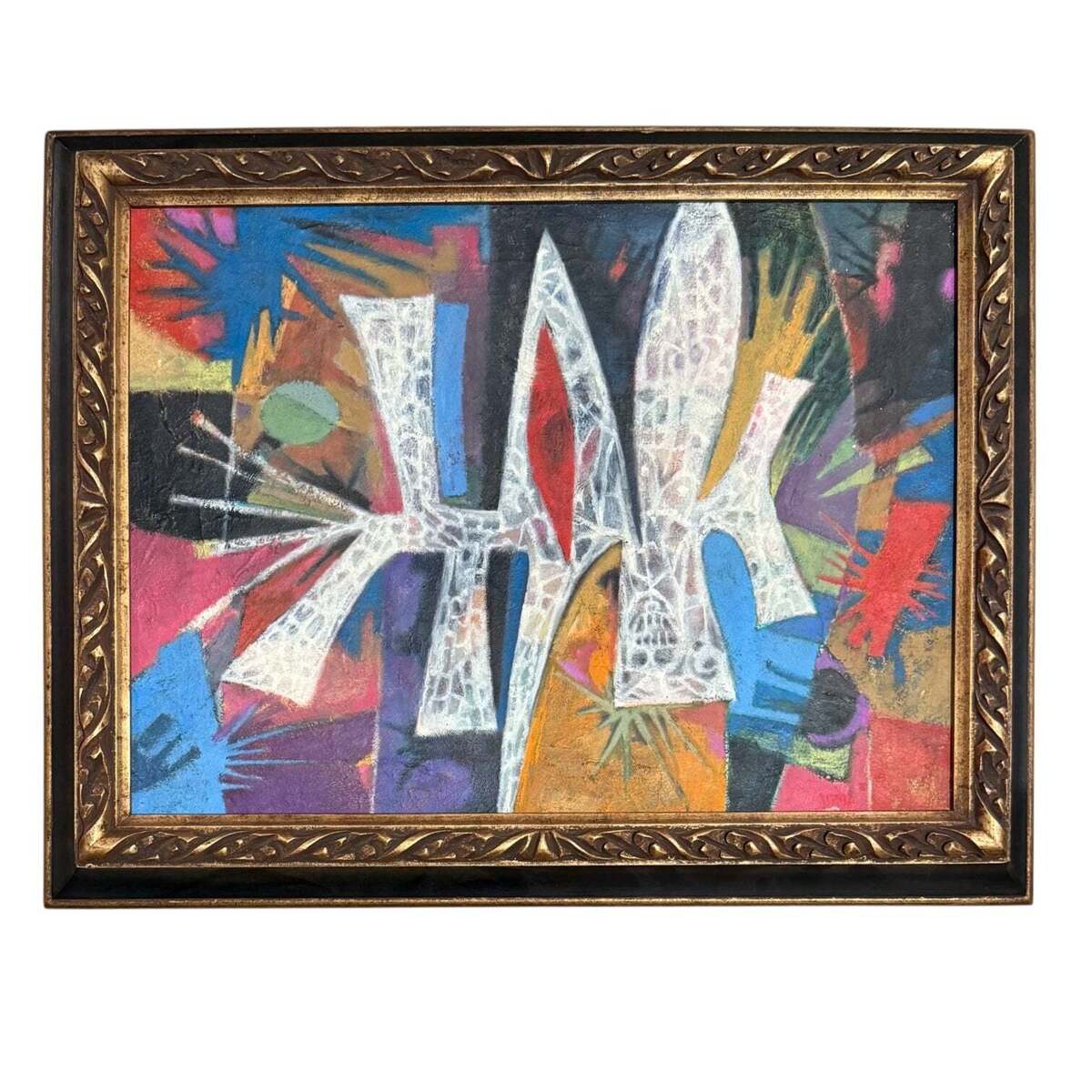 1950 Dynamic Abstact Painting in Vintage Frame