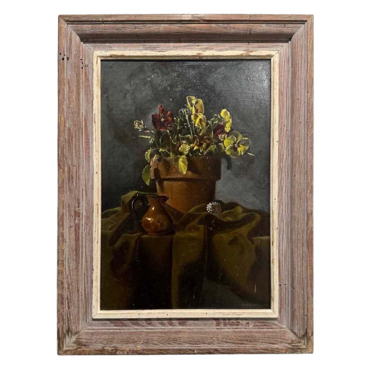 Vintage Realistic Painting of Still Life with Potted Plant and Pitcher