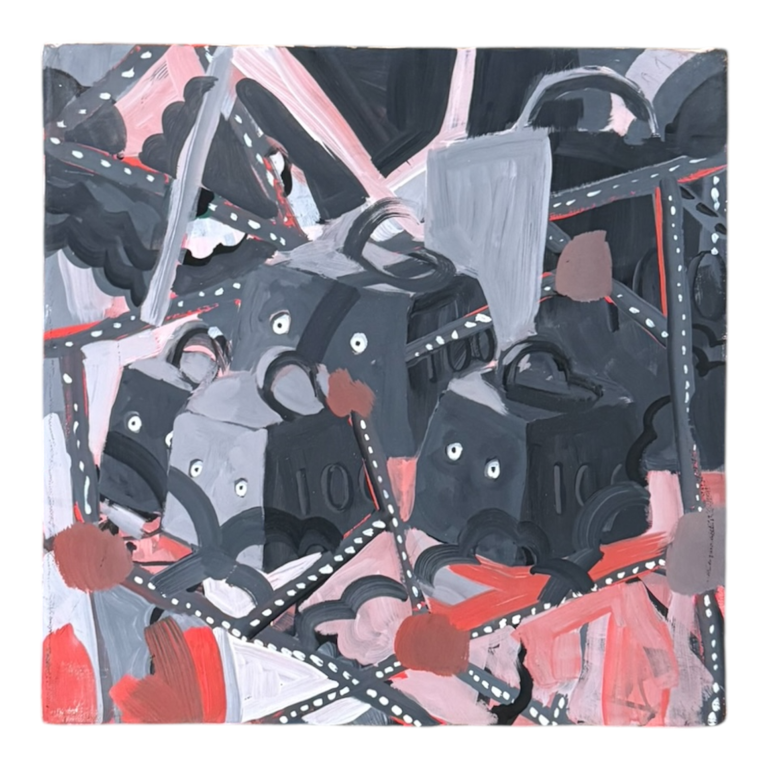 Surrealist Still Life Featuring Weights in Black, Grays, and Pinks