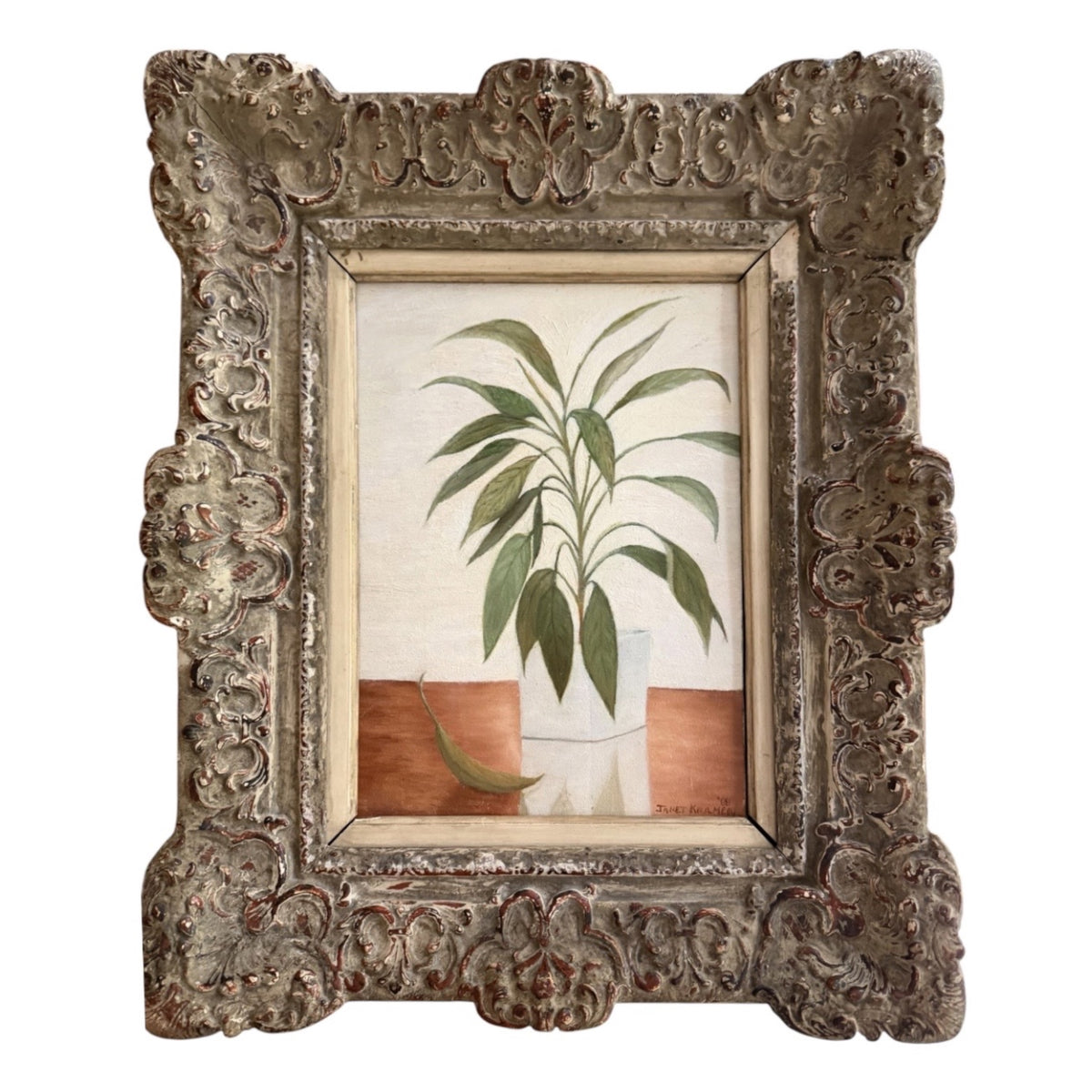 Vintage Painting of Potted Plant in Antique Ornate Frame