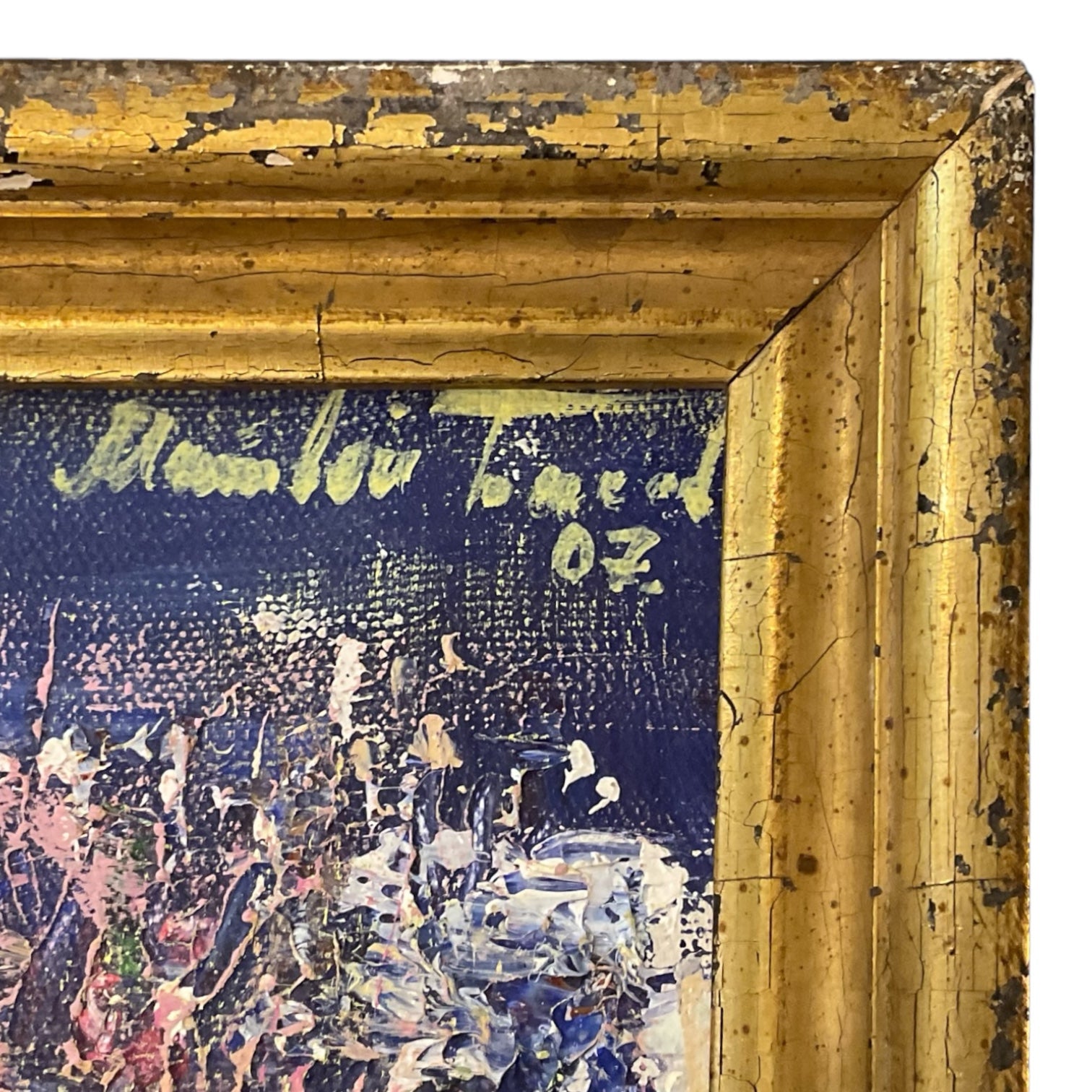 Vintage Impasto Painting of Ski Run with Skiers and Pine Trees, Distressed 19th c. Lemon Gold Frame