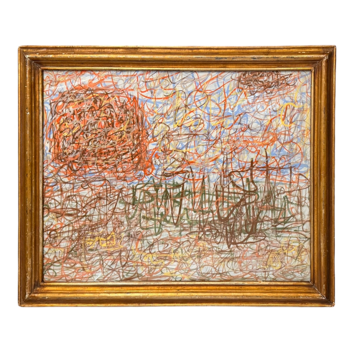 Large Abstract Expressionist Layered Markings in Antique Gilt Wood Frame