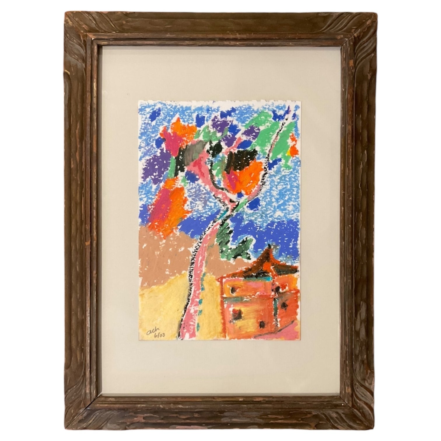 Vibrant Colorful Landscape in Hand Carved Vintage Frame