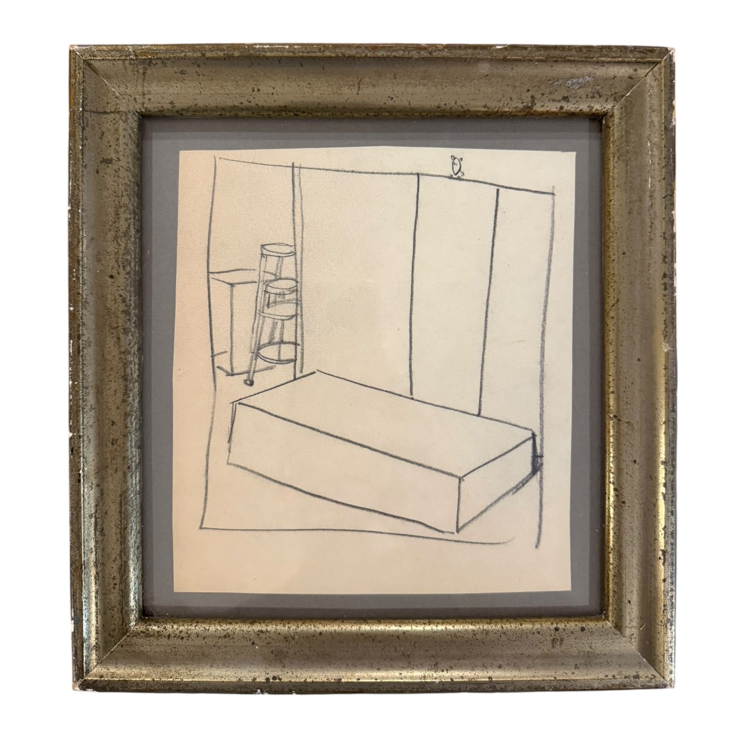 Minimalist Graphite Line Drawing of a Studio in Antique Gilded  Frame