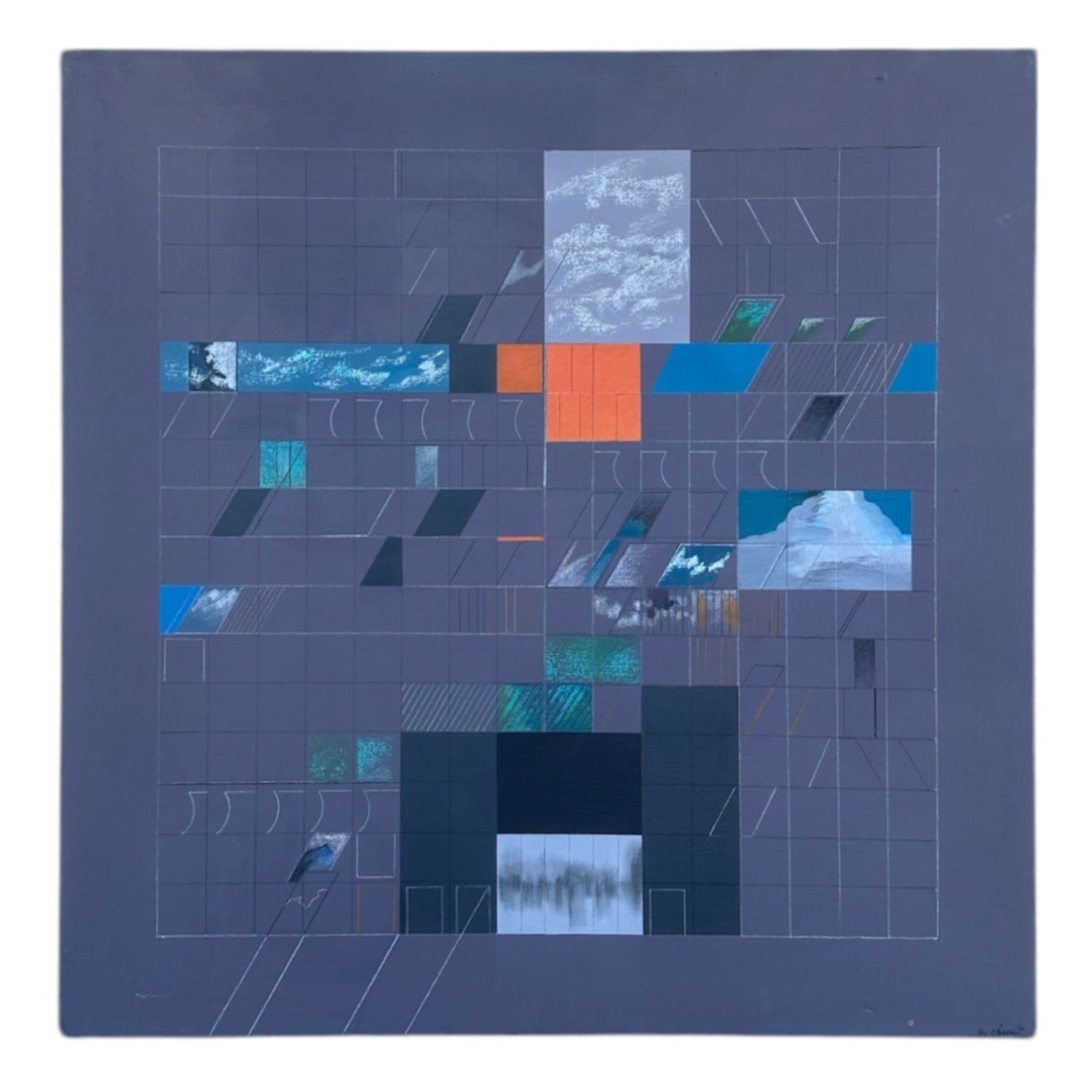 Periwinkle Dimensional Geometric Painting with Inset Cloud Motifs and Meticulous Layering