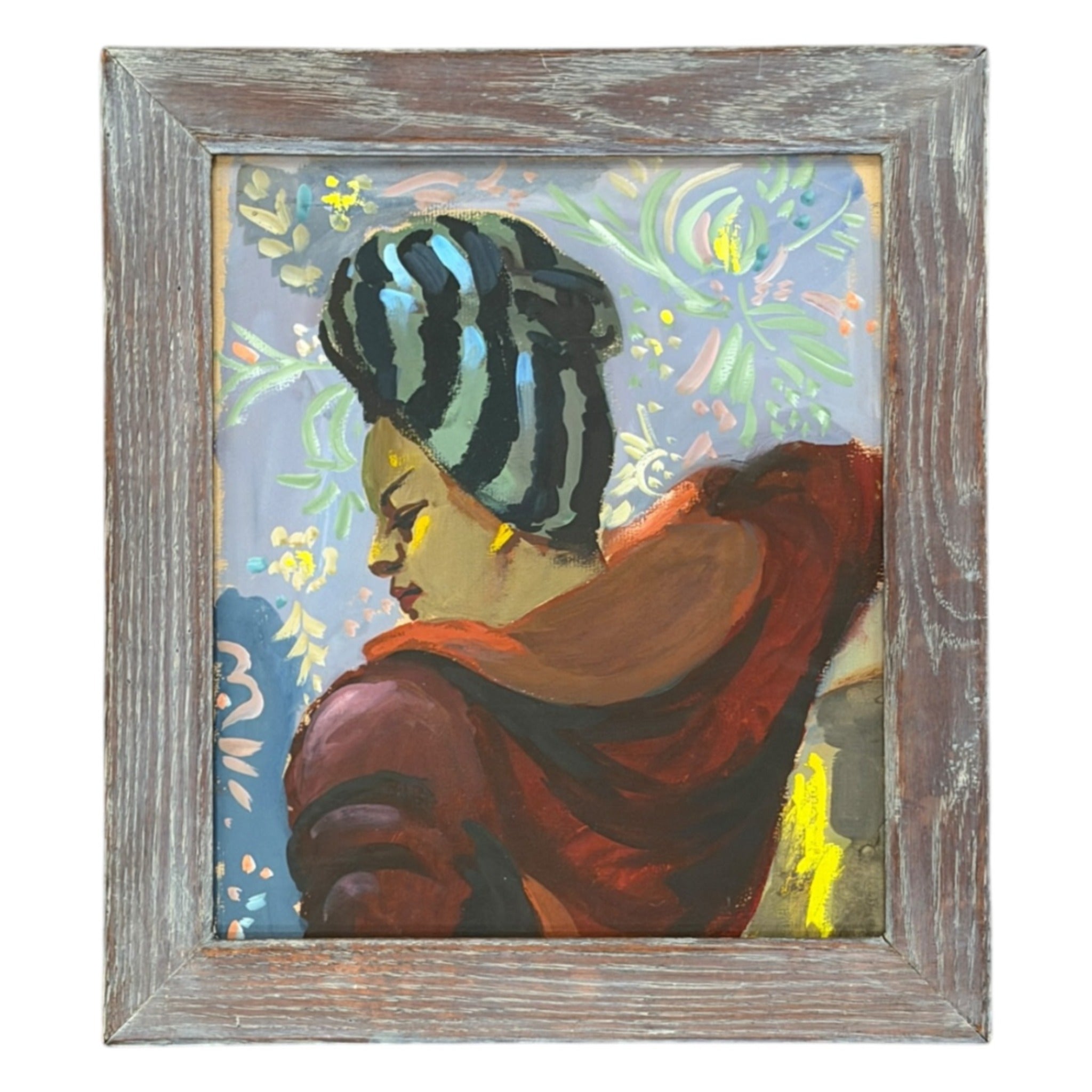 Portrait of a Woman of Color in a Blue Striped Turban in Vintage Cerused Wood Frame
