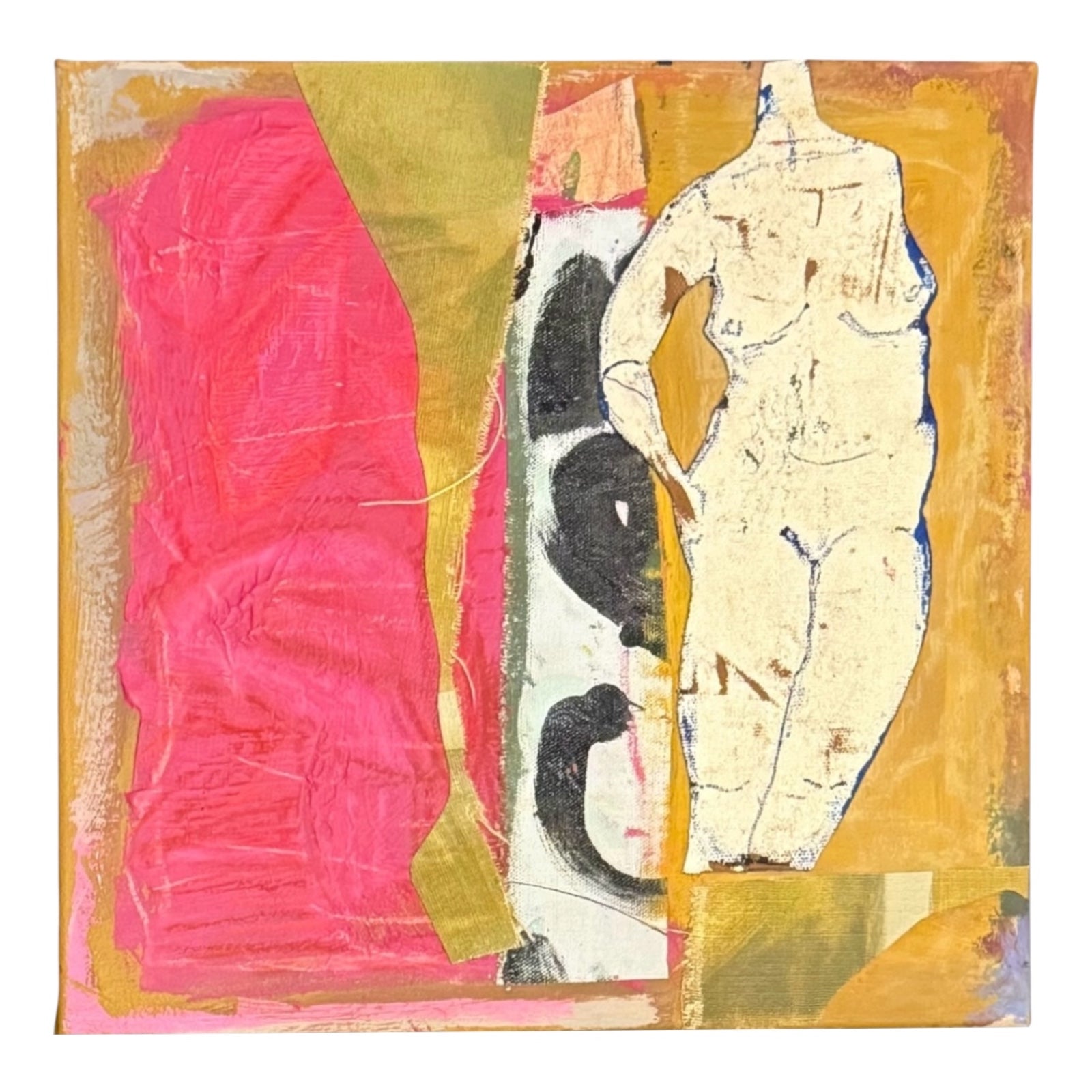 Vibrant Mixed Media Painting of Figure in Raspberry and Ochre