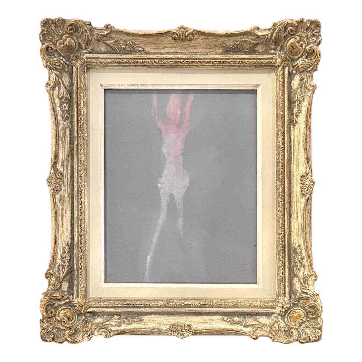 Soft Pink Gouache Painting AgaInst Gray Ground in Antique French Frame