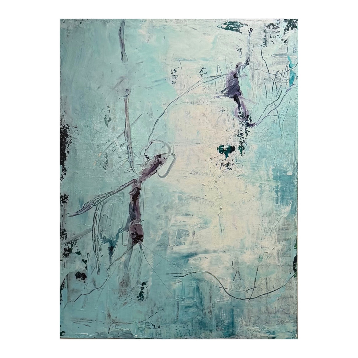 Abstract Expressionist Oil Painting in Aqua with Inky-Black Gestural Mark-Making
