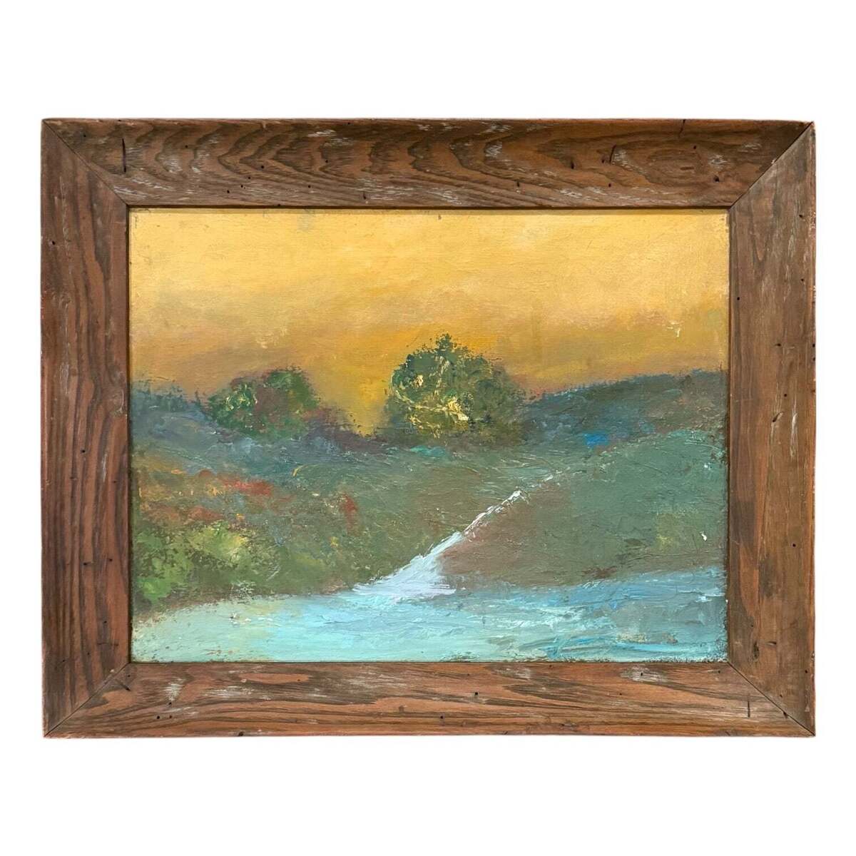 Charming Oil Painting of Bucolic Landscape in Heavy Vintage Wood Frame