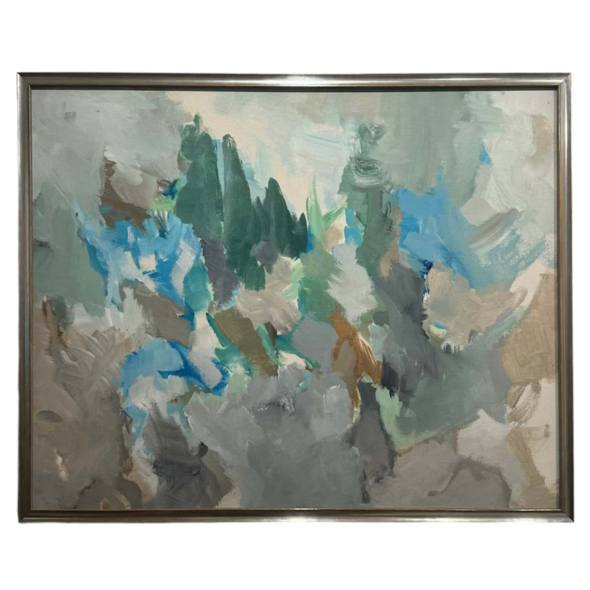 Abstract Painting in Deep Spruce Green Blues Neutrals Presented in Custom Frame