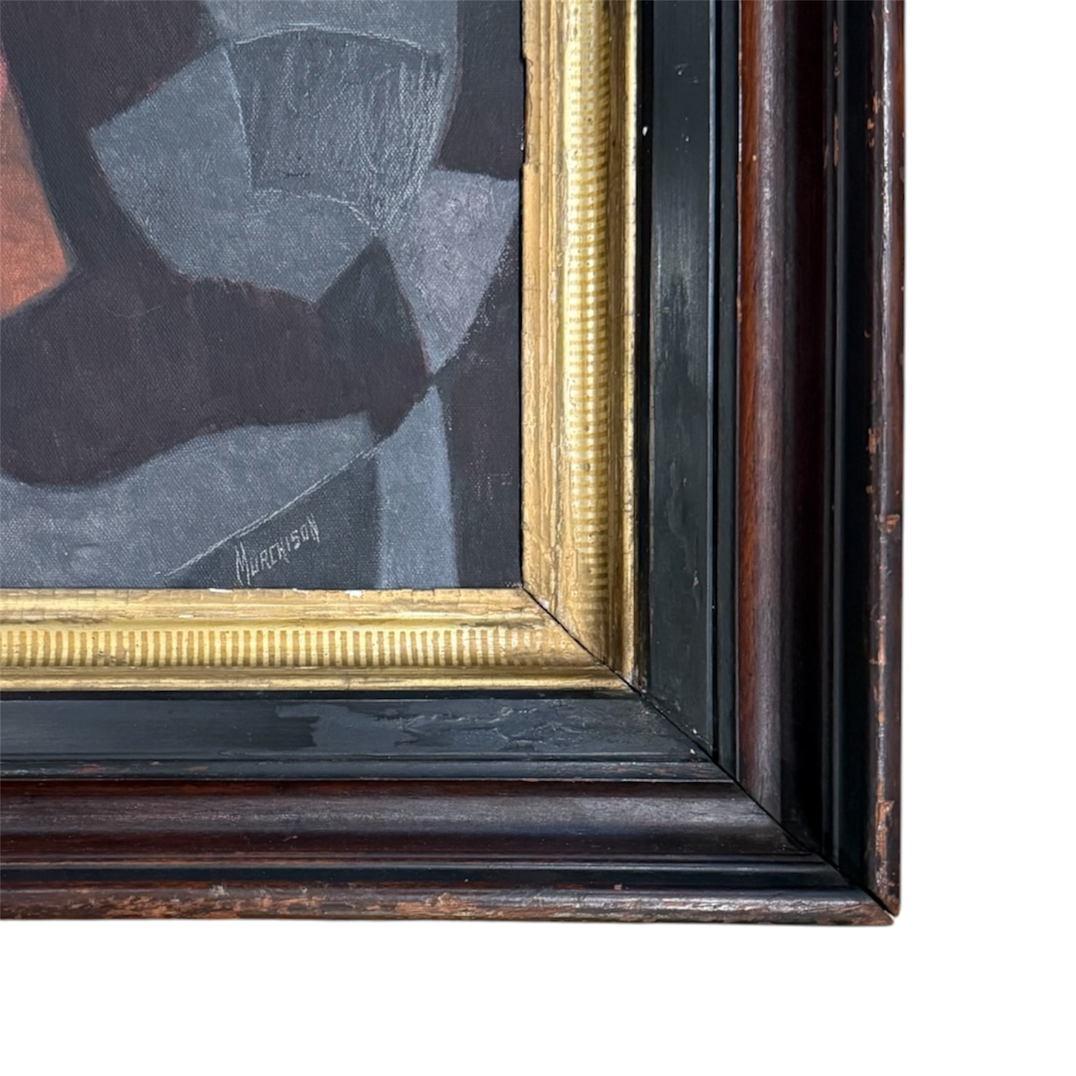 High Contrast Painting with Geometric Fragmentation in Heavy Antique Gilt and Wood Frame
