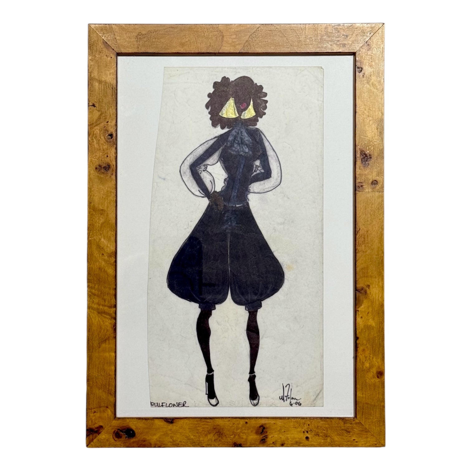 Vintage Fashion Illustration in Olivewood Burl Frame / No. 3