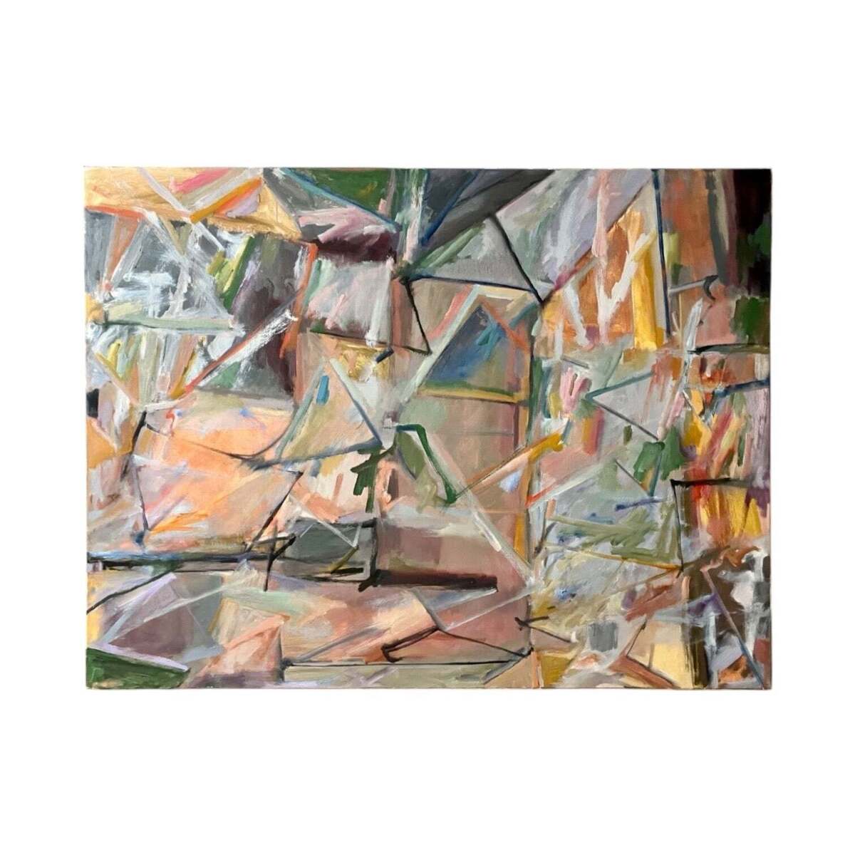 Abstract Oil Painting Featuring Gestural Brushwork in Geometric Composition
