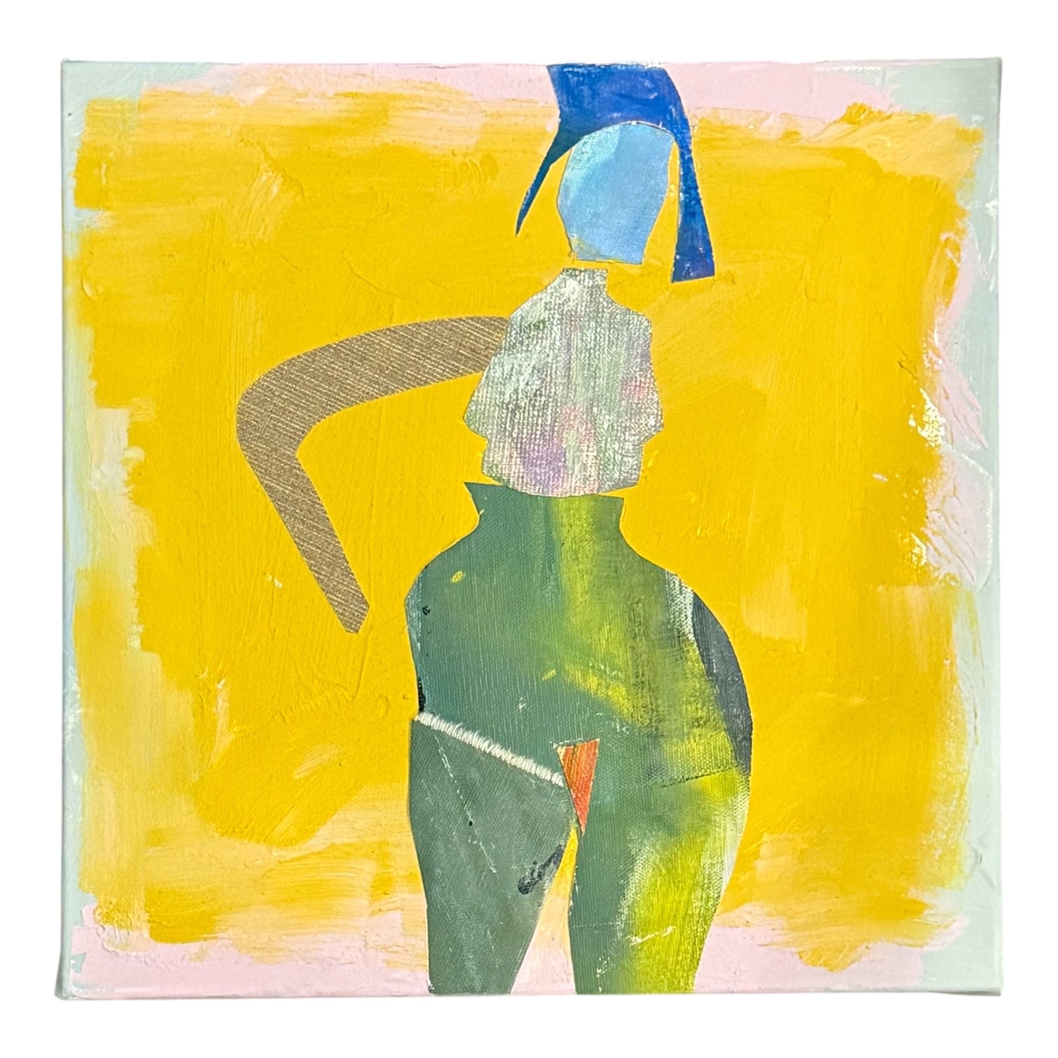 Mixed Media Painting of Standing Figure Against Vibrant Yellow Ground