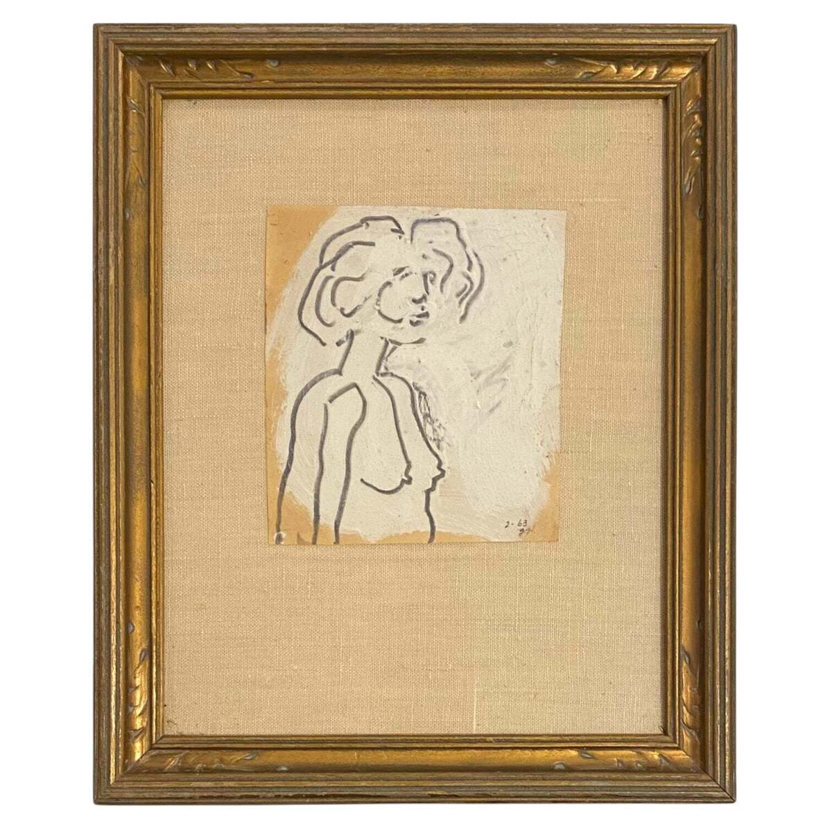 Mixed Media Figurative Work on Paper in Original Frame