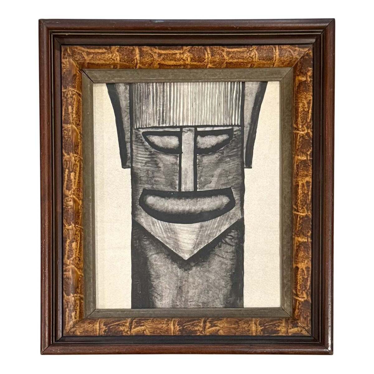 India Ink Machine Age Robot Portrait in Antique Wood Frame Faux Bamboo
