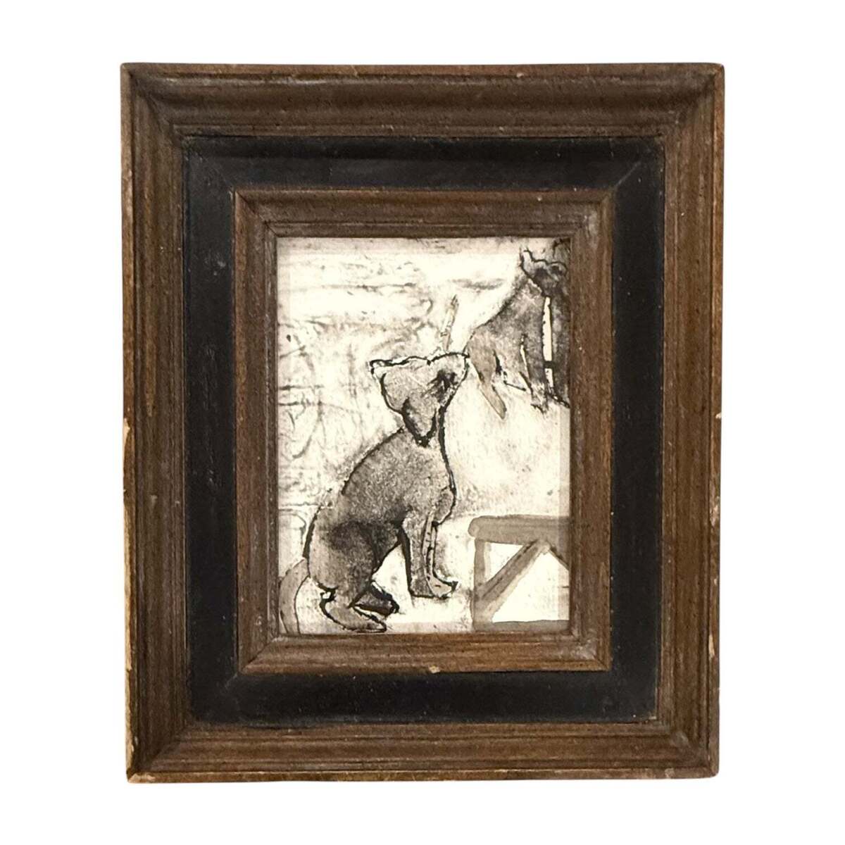 Vintage Engraving of a Dog in an Antique Black and Wood Frame