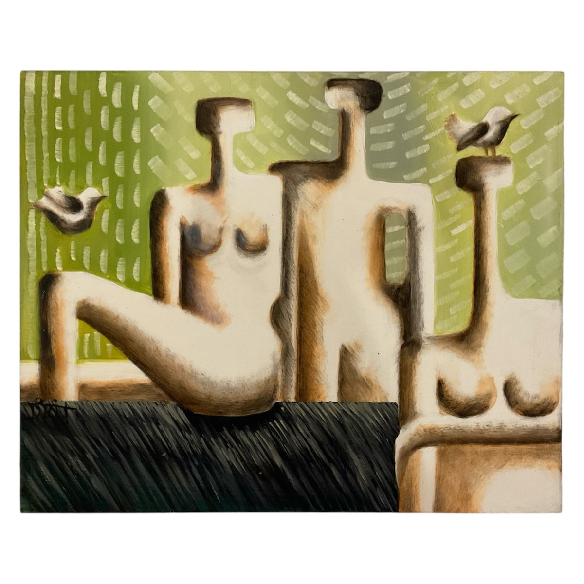 Modernist Oil Painting of Three Figures Against a Cucumber Green Background