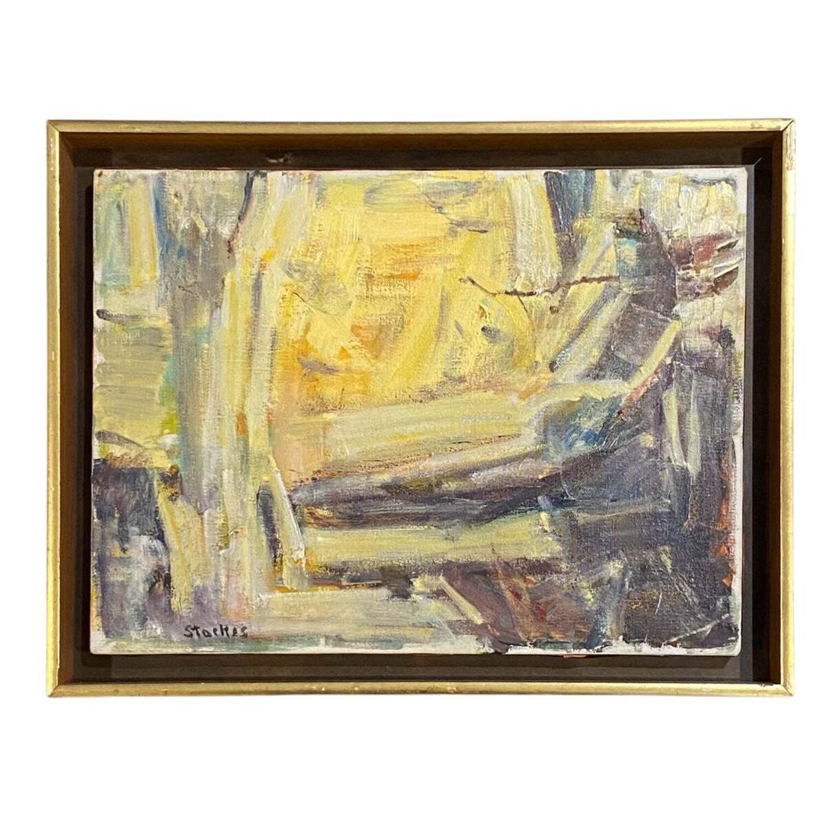 Abstract Expressionist Painting in Vibrant Yellow in Original Float Frame