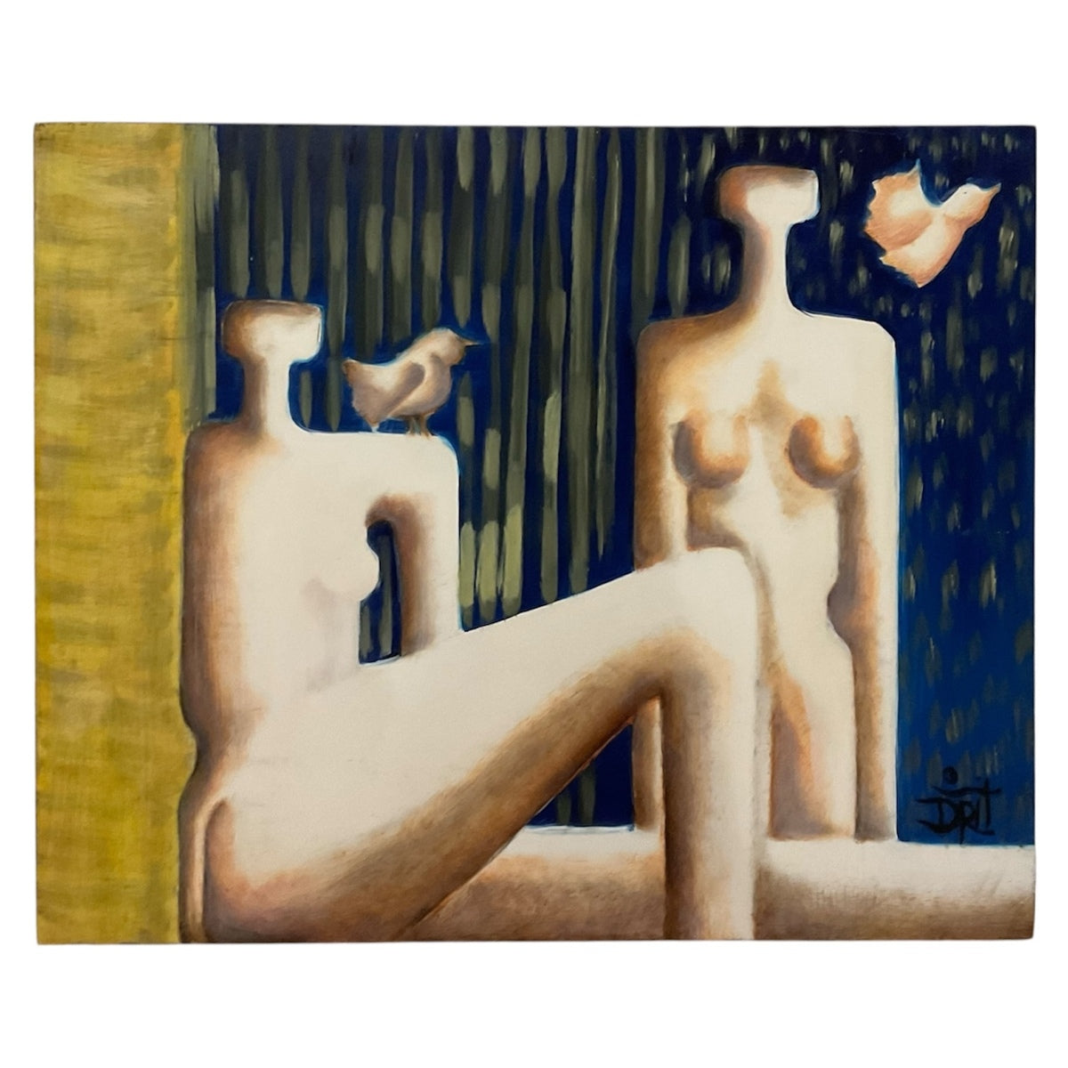 Modernist Oil Painting of Two Women Against an Ochre and Navy Background