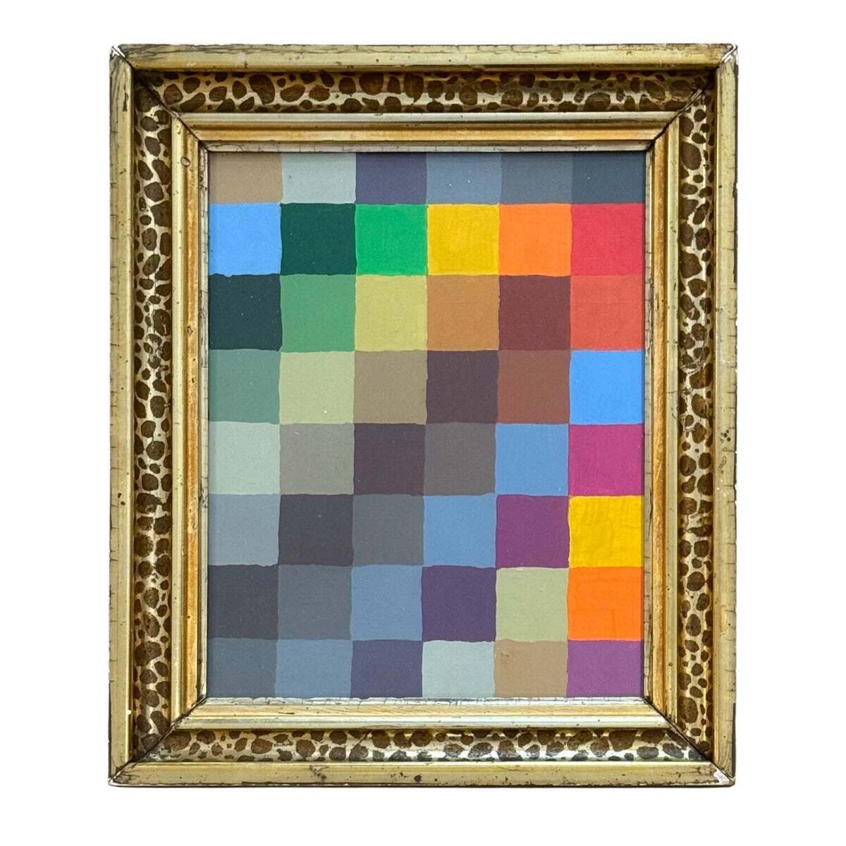 Boldly Colorful Checkerboard Painting in 19th Century Stencil Gilt Frame / WC-03
