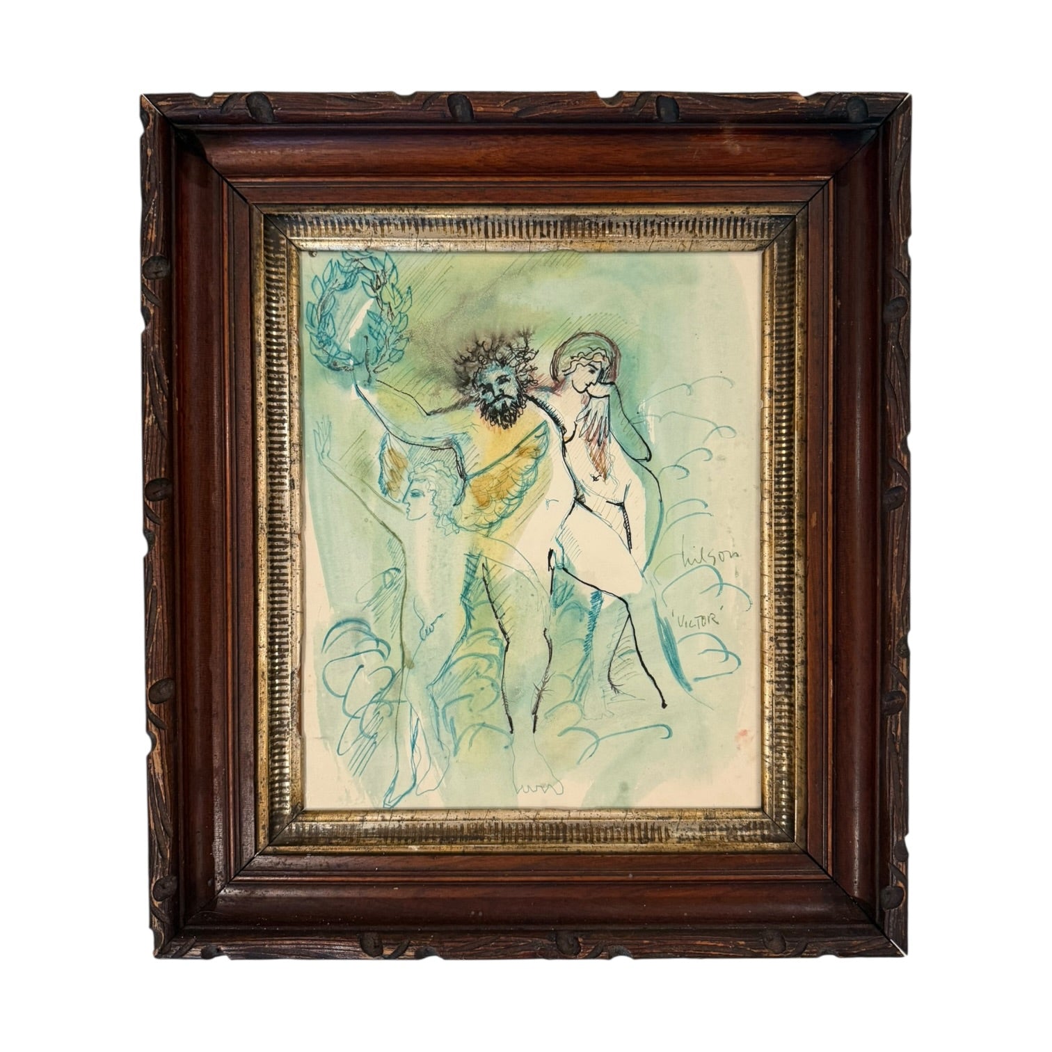 "Victor" Early Figurative  Watercolor in Antique Faux Bois Frame with Gilt Liner
