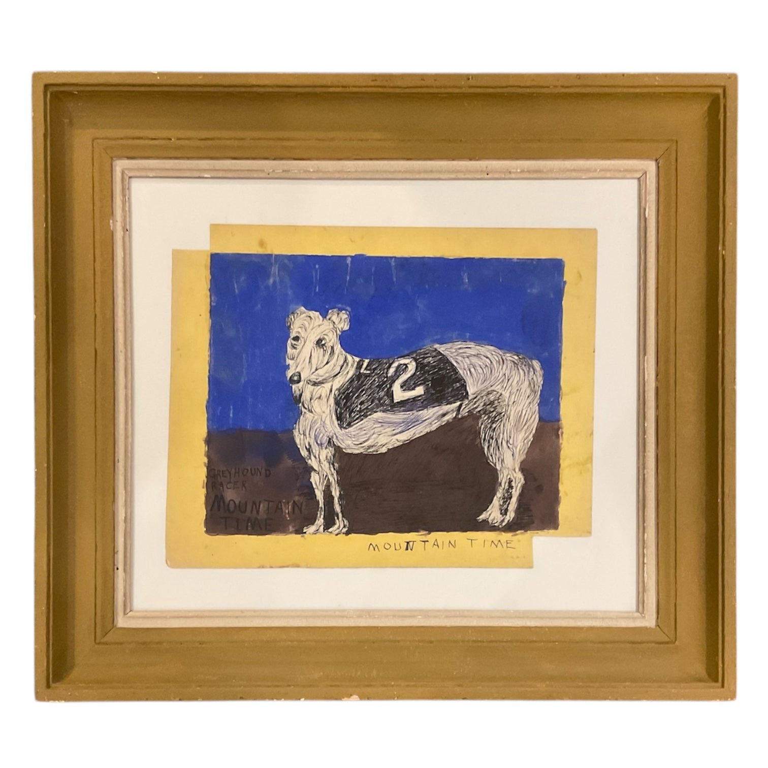 "Mountain Time"  Greyhound Dog #2 in Wide Vintage Ochre Wood Frame